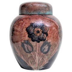 Large Flambé Art Deco Moorcroft Ginger Jar with a Very Rare Floral Pattern