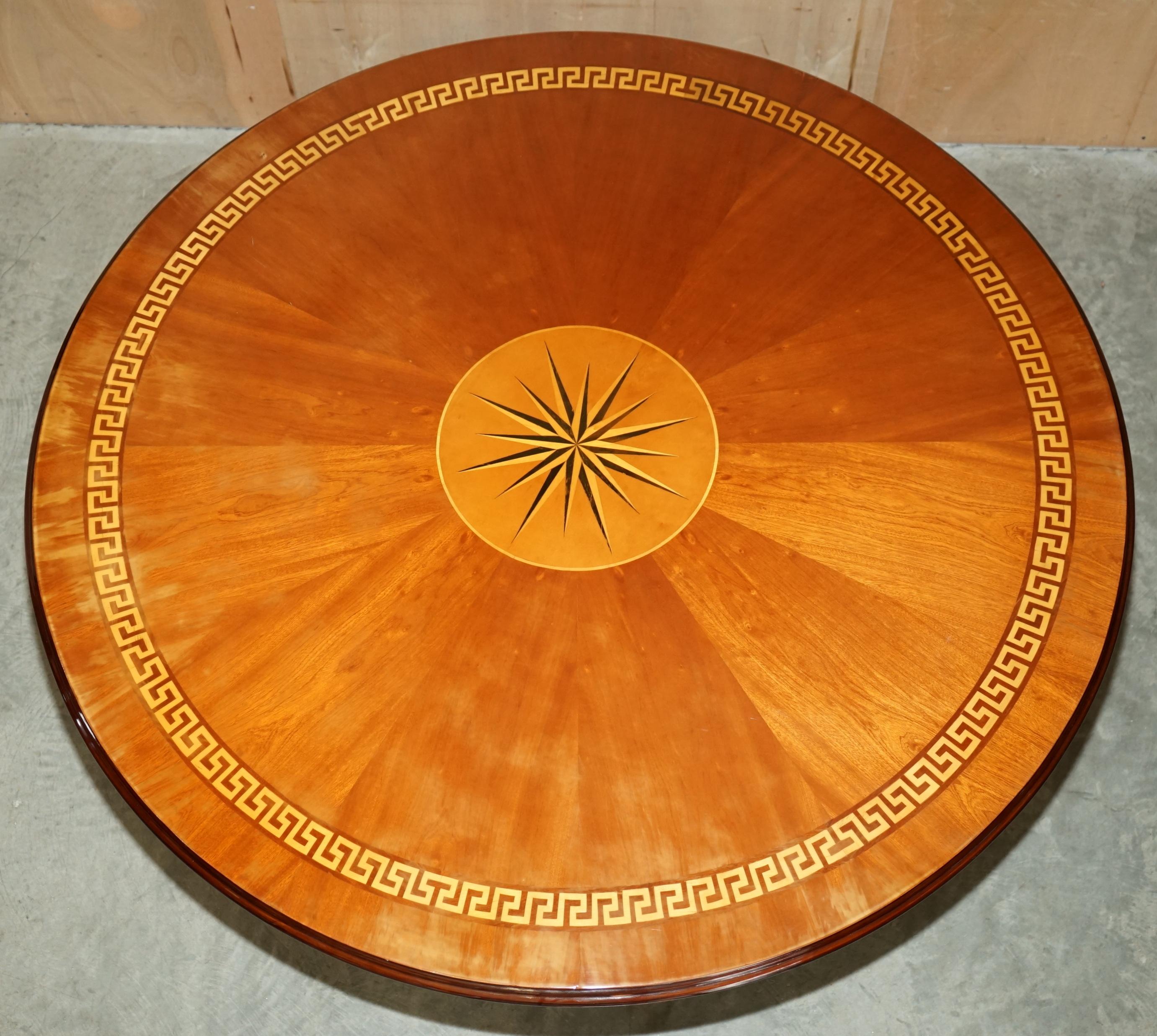 LARGE FLAMED HARDWOOD 6-8 PERSON ROUND DiNING TABLE WITH GREEK KEY DESIGN INLAY For Sale 3