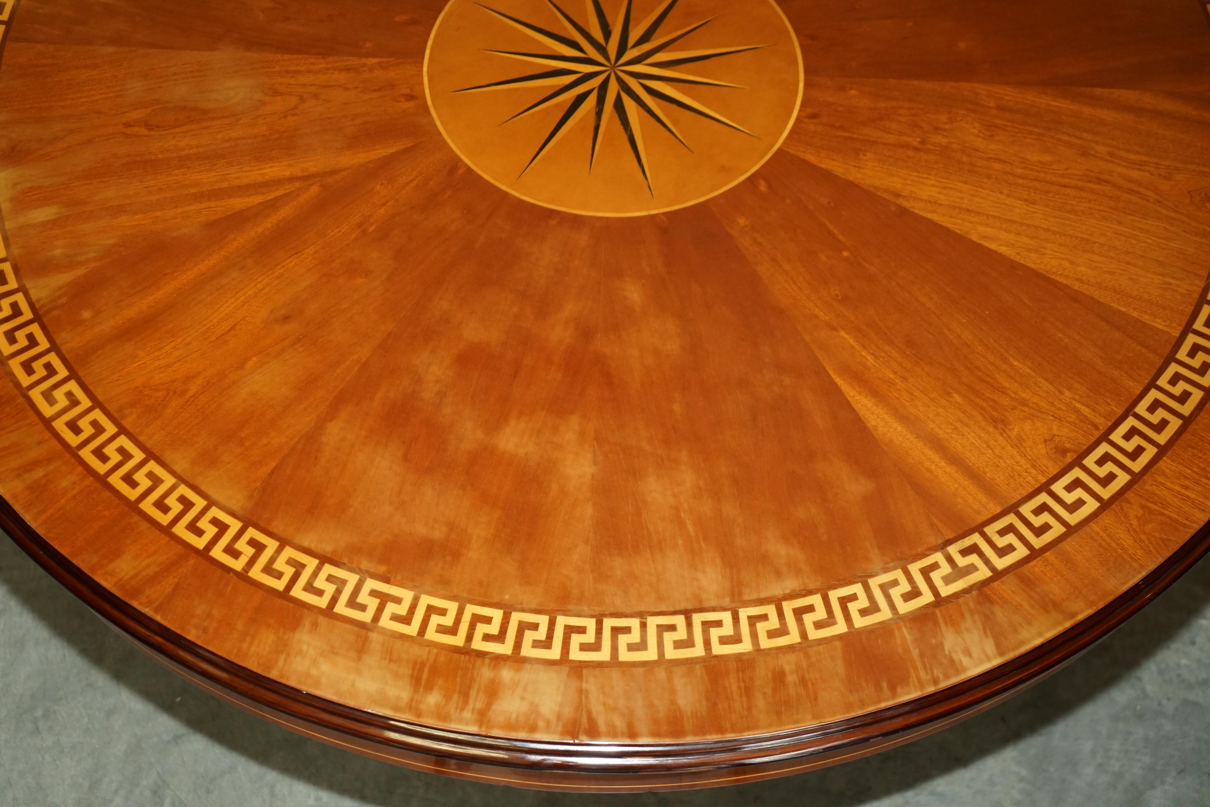 LARGE FLAMED HARDWOOD 6-8 PERSON ROUND DiNING TABLE WITH GREEK KEY DESIGN INLAY For Sale 5
