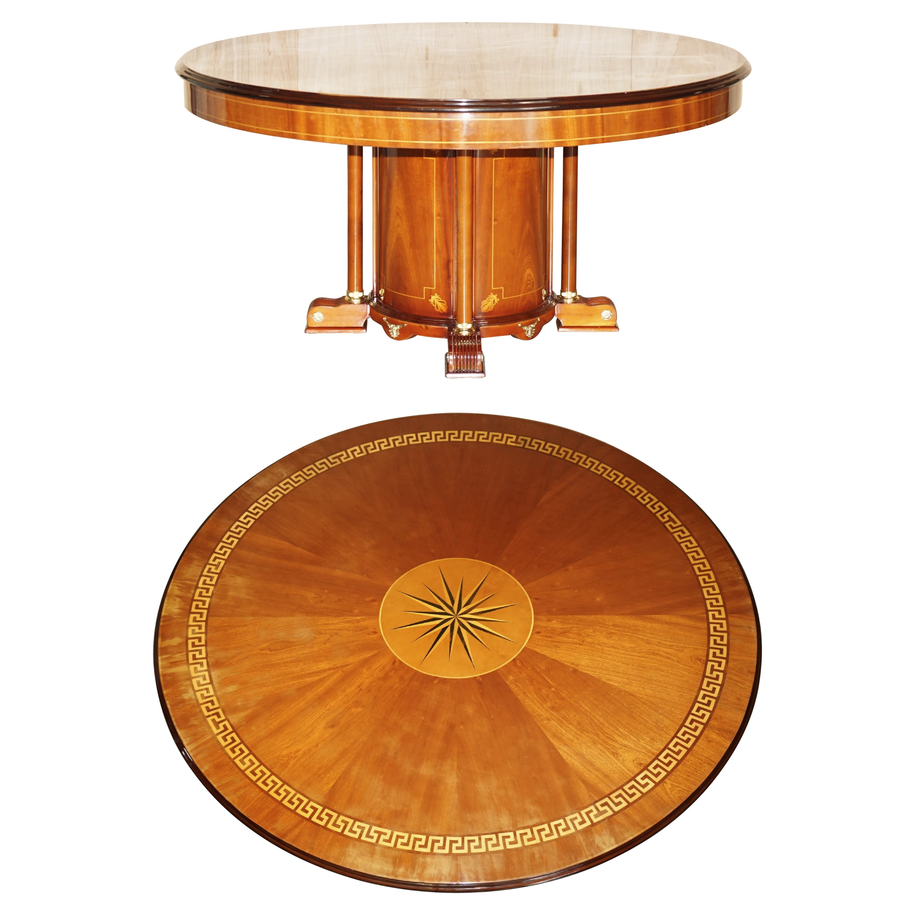 GRAN MESA REDONDA DE MADERA LAMINADA PARA 6-8 PERSONAS CON INYECCIÓN DE DISEÑO DE LLAVES GRIEGAS en venta