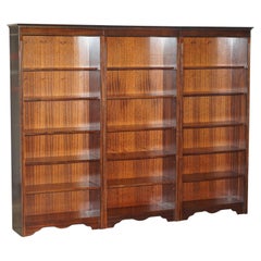 Large Flamed Hardwood Triple Bank Large Open Library Bookcase Three Pieces