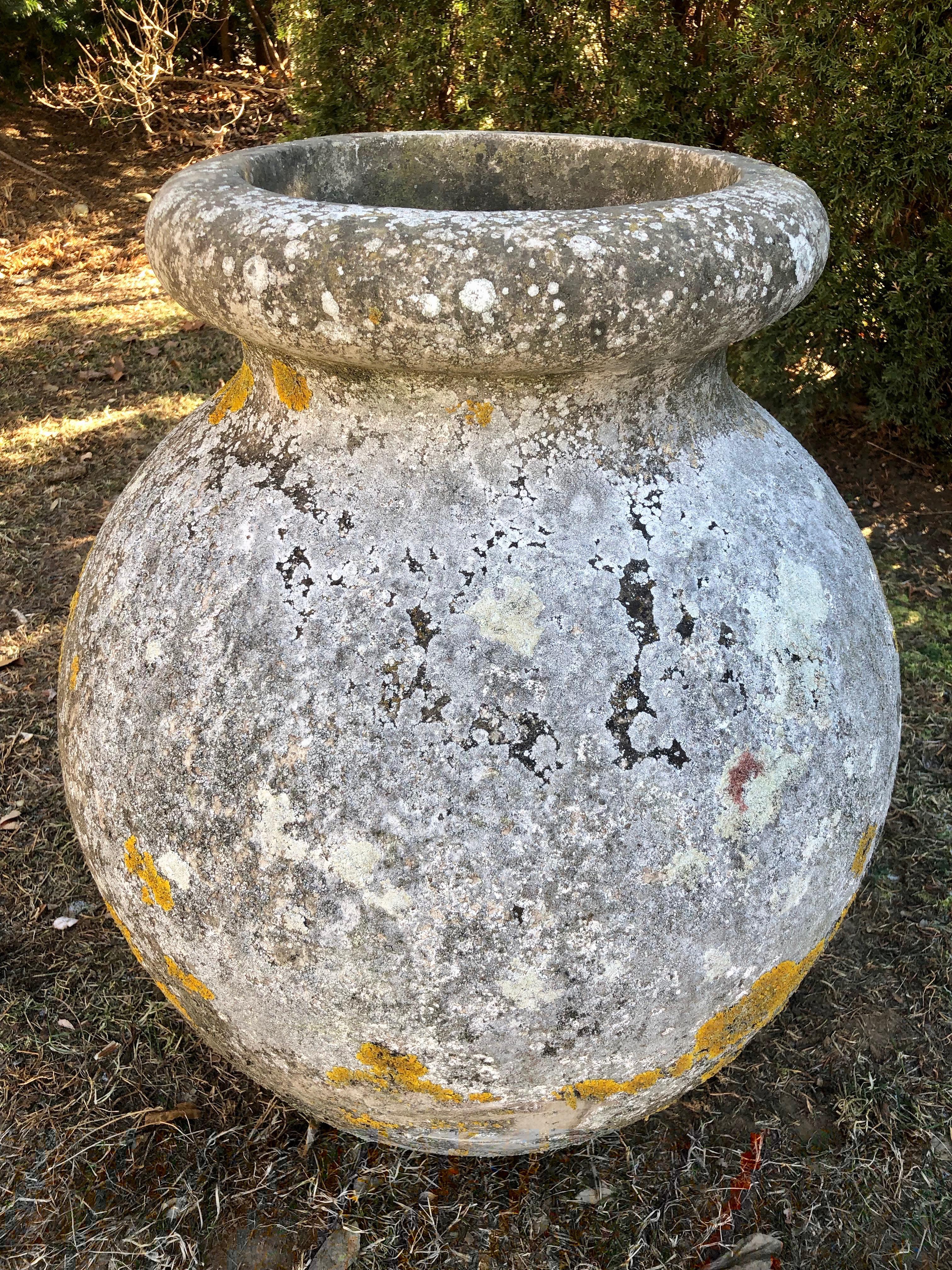 When we originally saw this pot, we were sure it was carved stone because of its superb patina, but, upon further examination, it is made of fiber cement, a lightweight and very durable material that can be left outside year-round in all climates.
