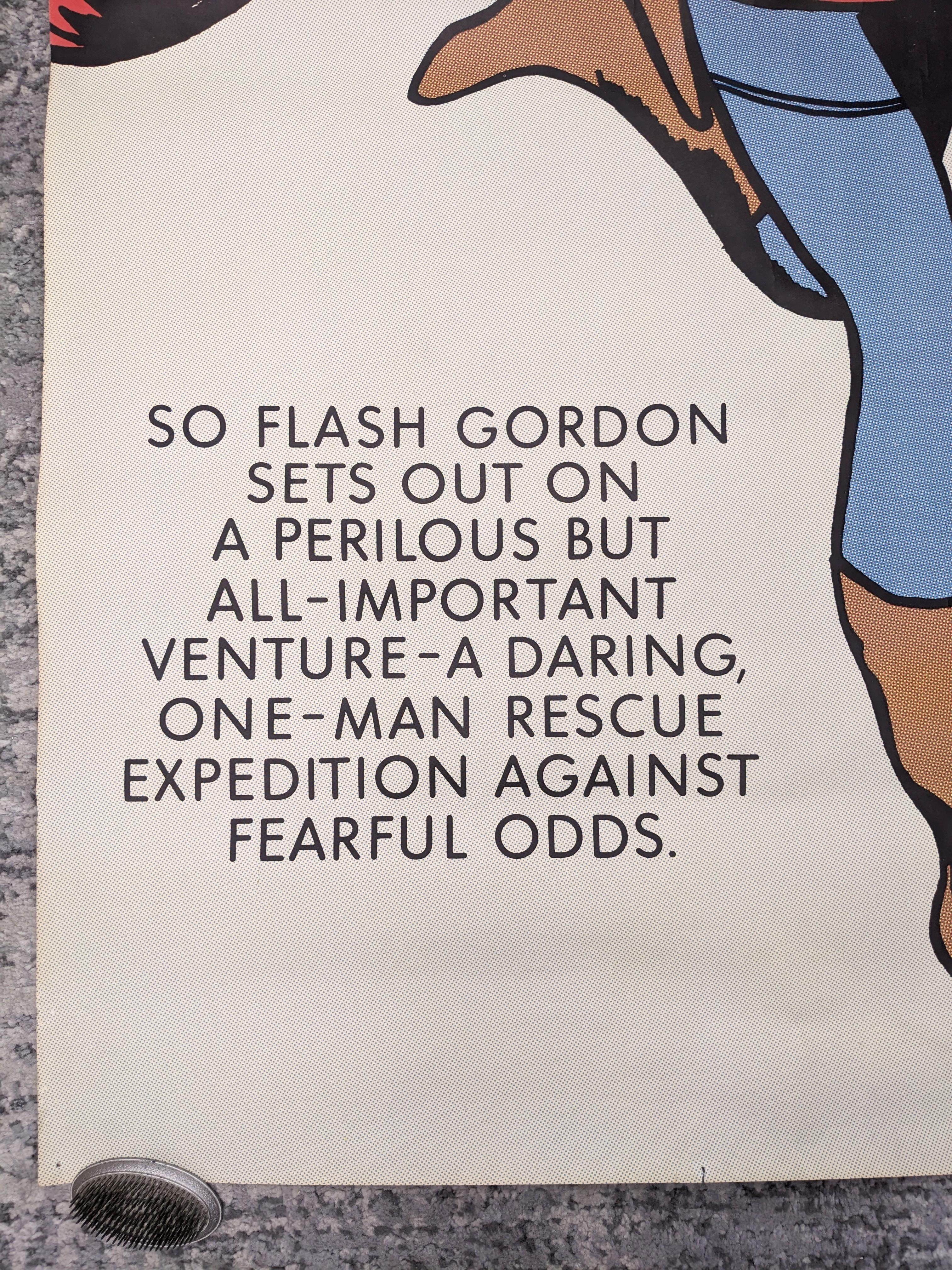 Large Flash Gordon Promotional Poster from the mid 1960's, printed like a comic book with tiny dots. Great graphics, would be great framed. If a half inch matte is used, the image would crisp and perfect for display. 1960's USA. 52