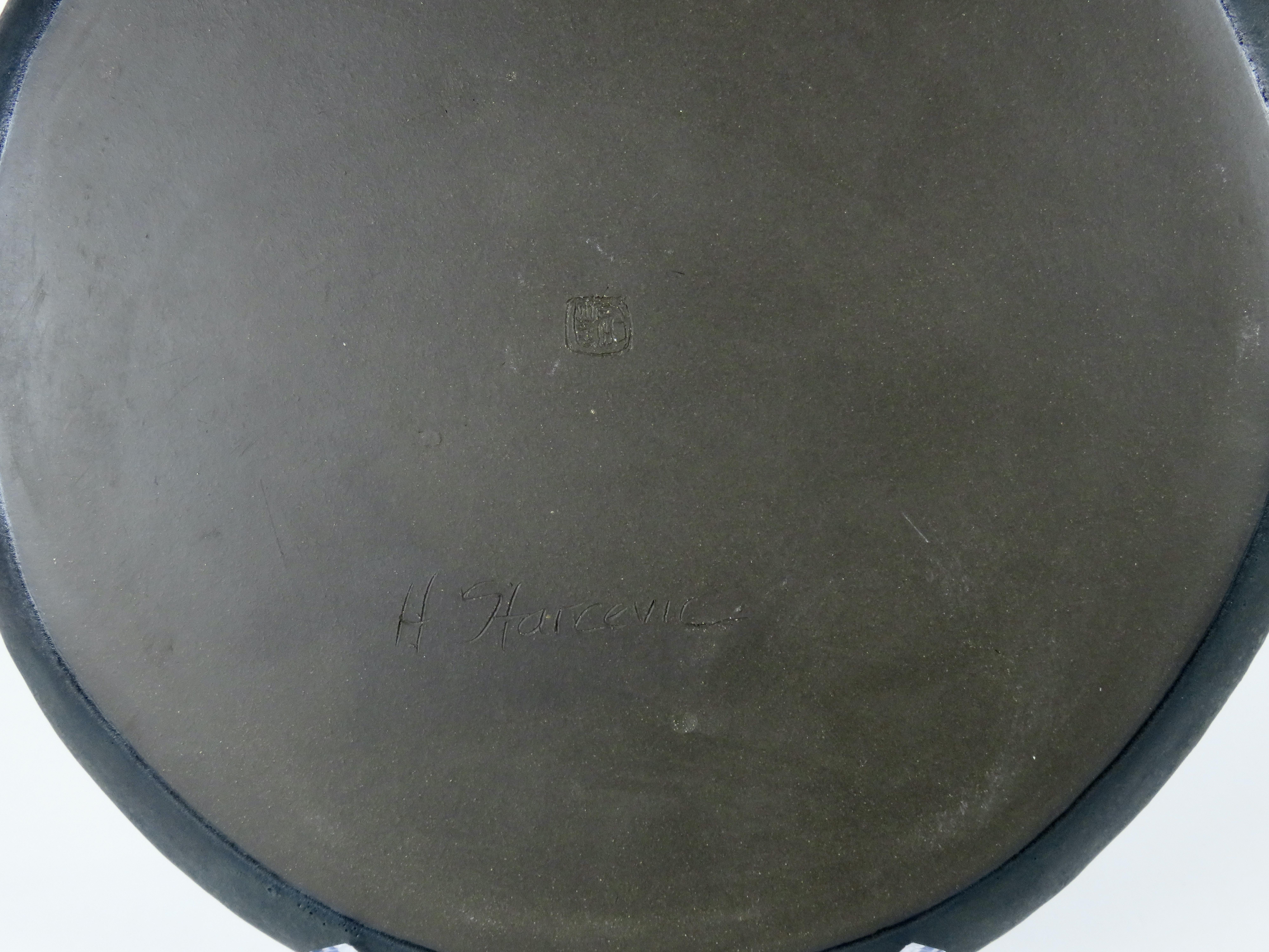 Large Flat Black Hand Built Ceramic Platter with Metallic Details For Sale 3