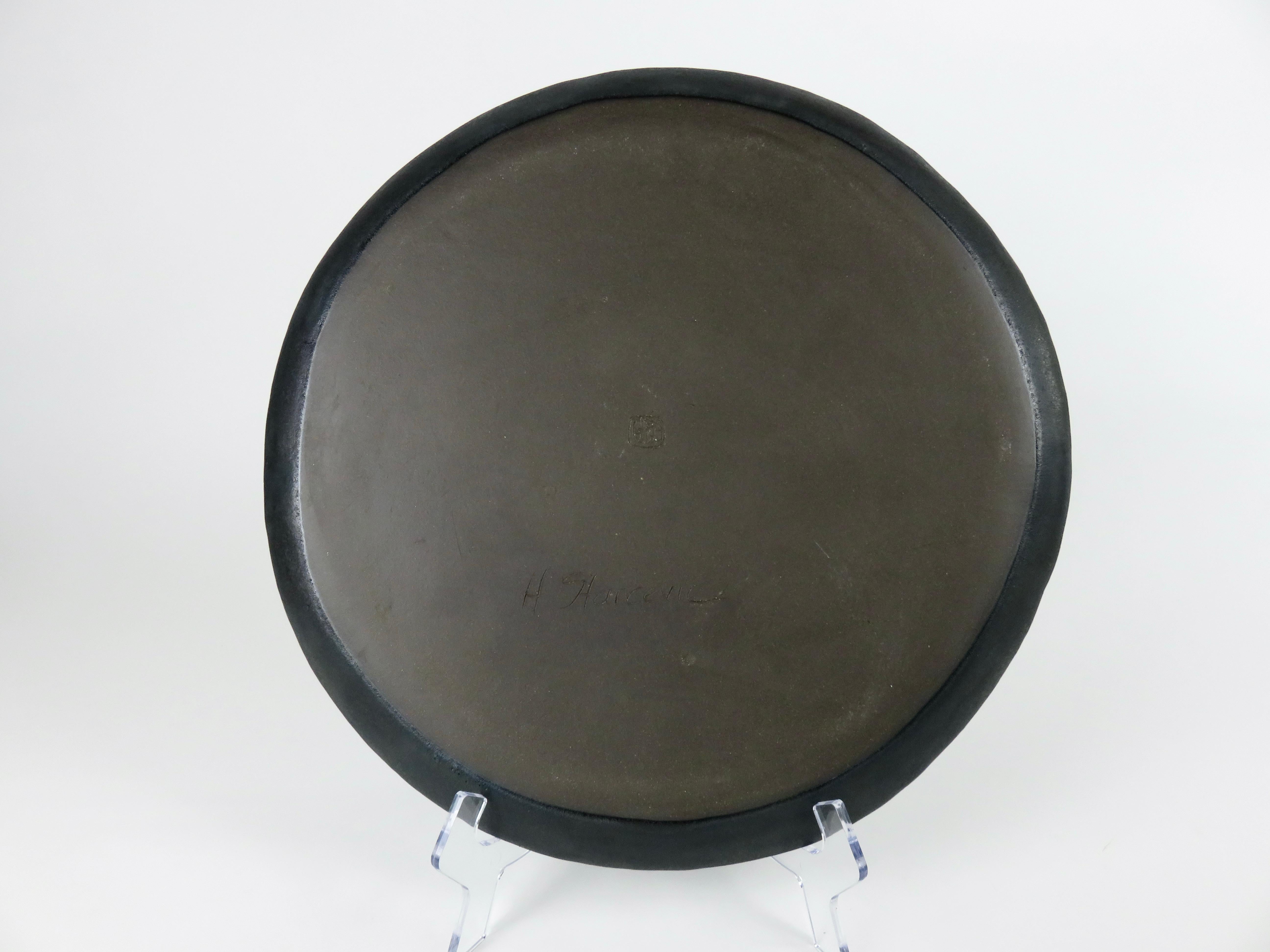Large Flat Black Hand Built Ceramic Platter with Metallic Details For Sale 2