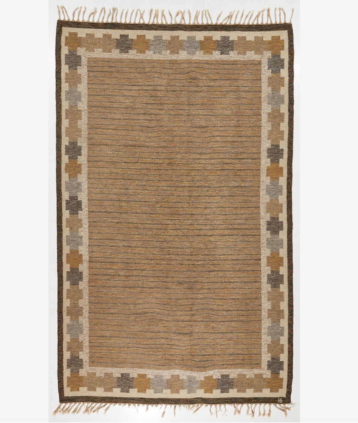 Flat wave rug designed by Ingegerd Silow . Circa 1950th.
Signed IS.  Sweden.   Hand woven wool. Dimensions:     L 117″. W 74″ .