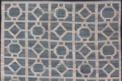 Large Flat Weave Modern Geometric Patterned Kilim in Blues and Creams
