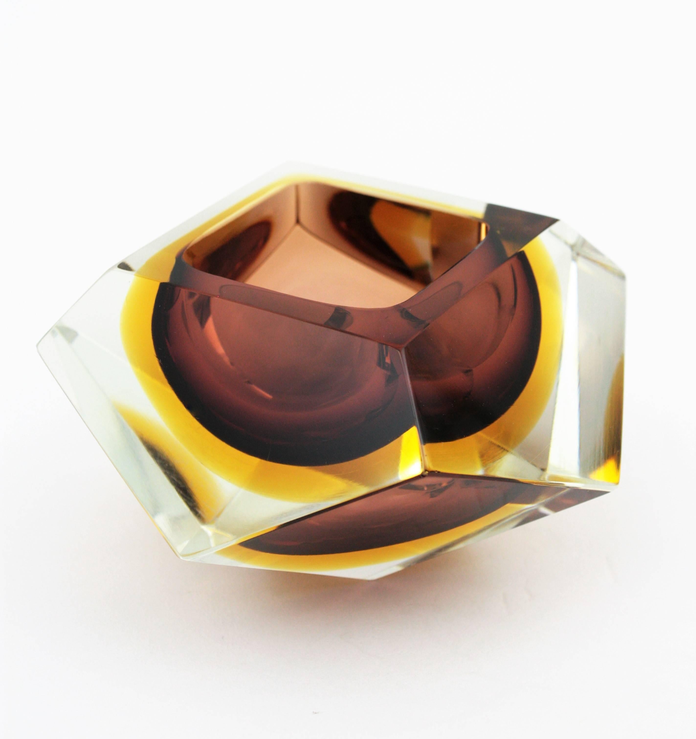 Cut Glass Large Flavio Poli Brown & Amber Sommerso Diamond Shape Faceted Murano Glass Bowl