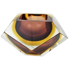 Large Flavio Poli Brown & Amber Sommerso Diamond Shape Faceted Murano Glass Bowl