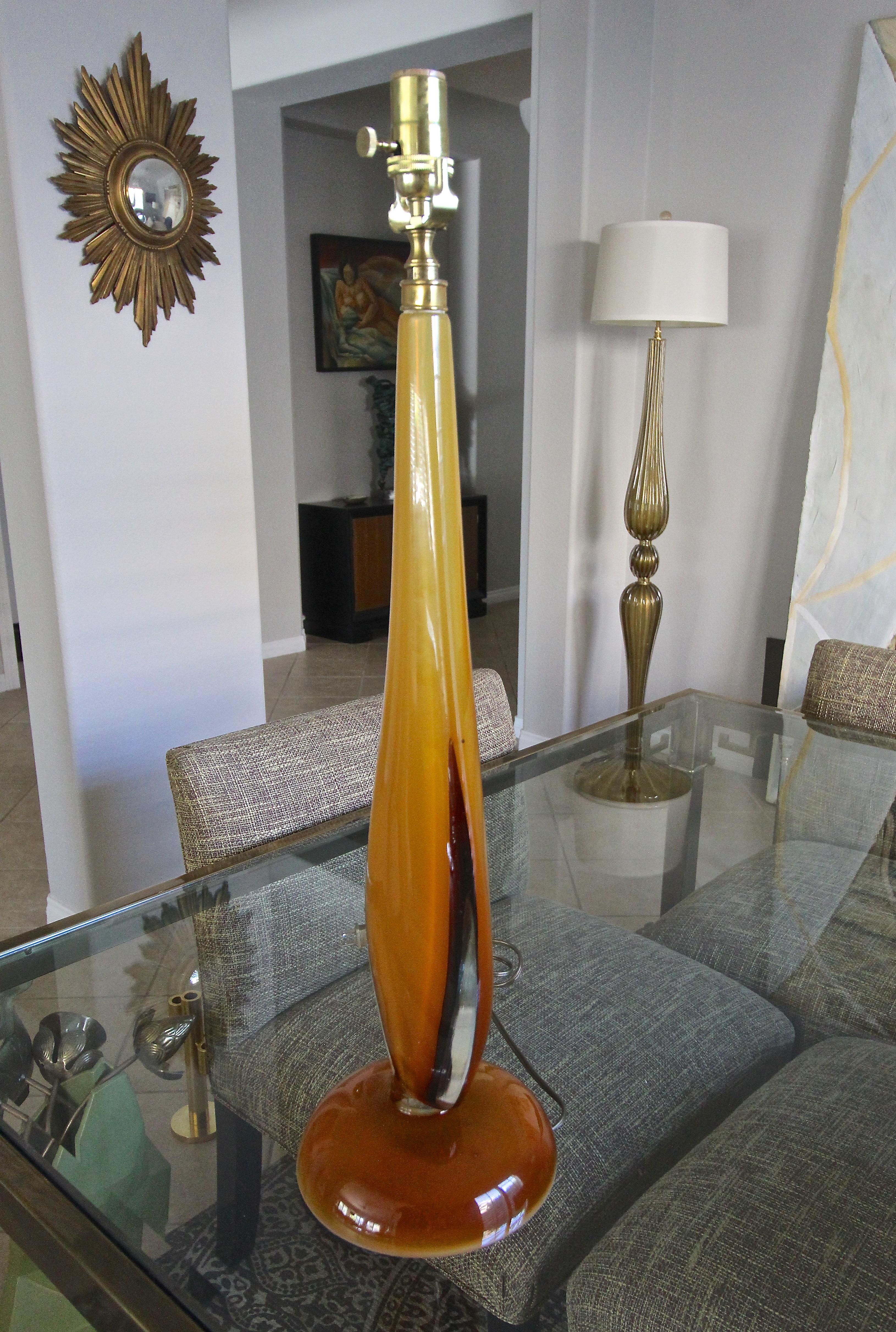 Brass Large Flavio Poli Murano Orange Glass Table Lamp