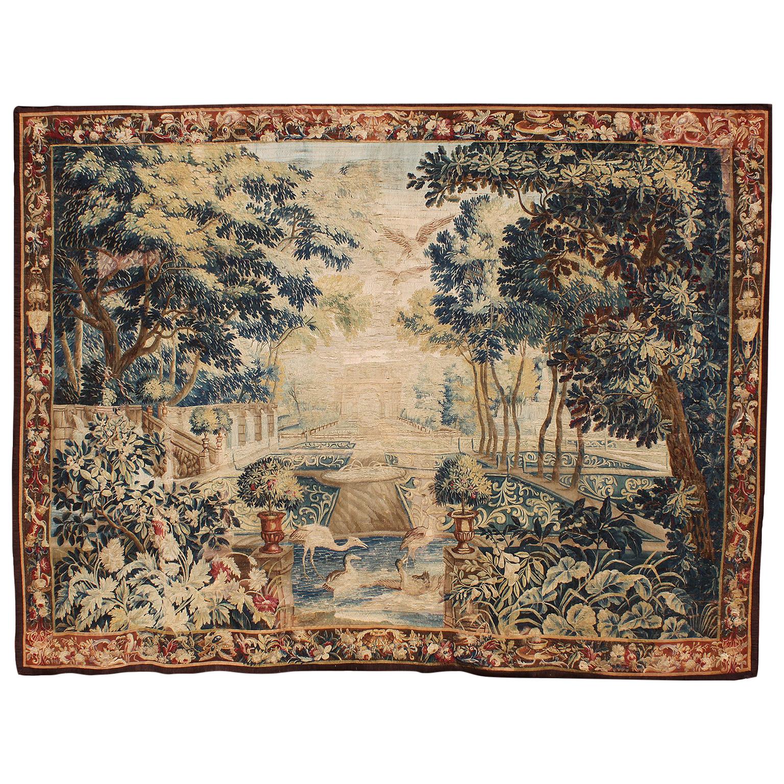 Large Flemish 17th-18th Century Baroque Pictorial Tapestry "the Royal Garden" For Sale