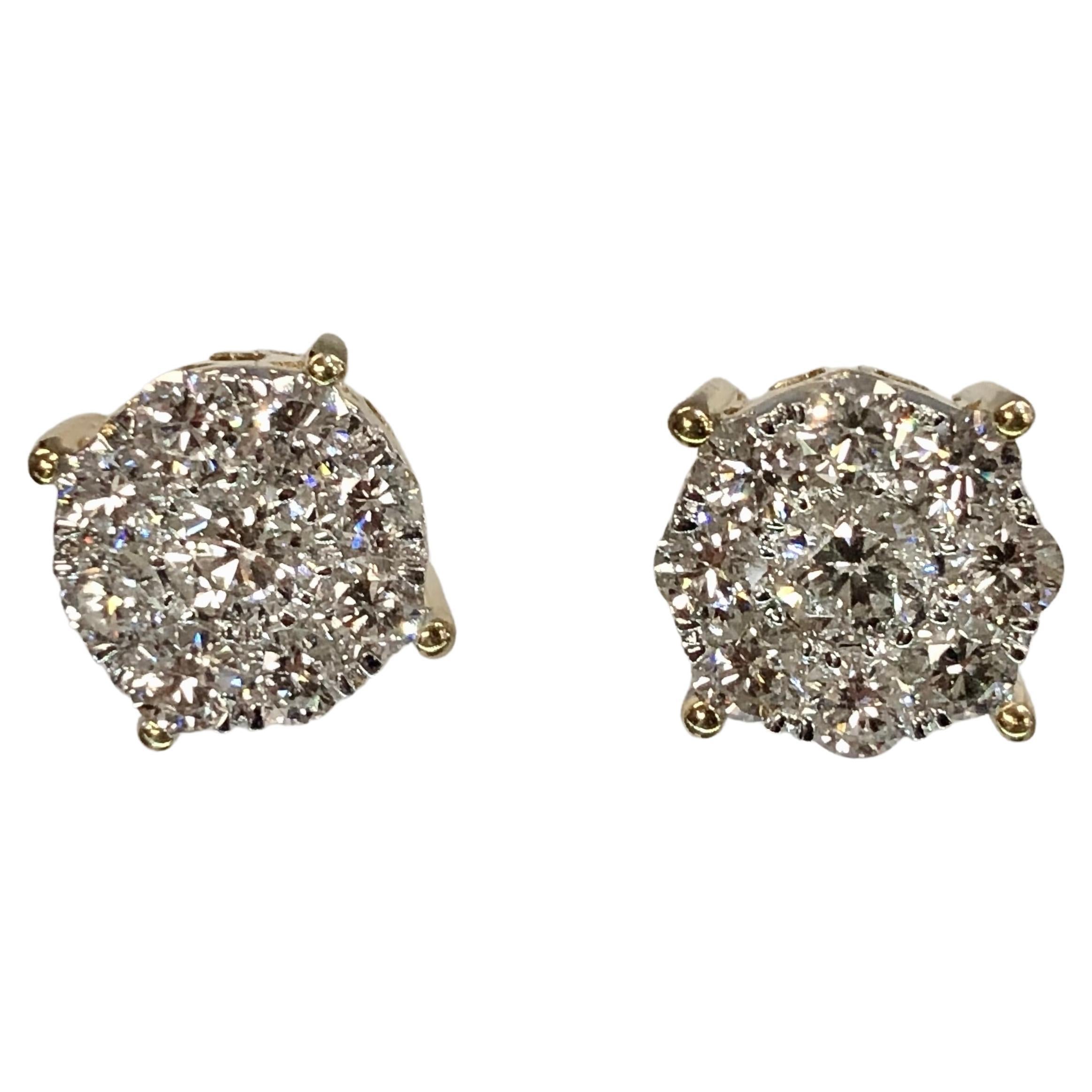 Large Fleurette Cluster Diamond Stud Earrings Gold