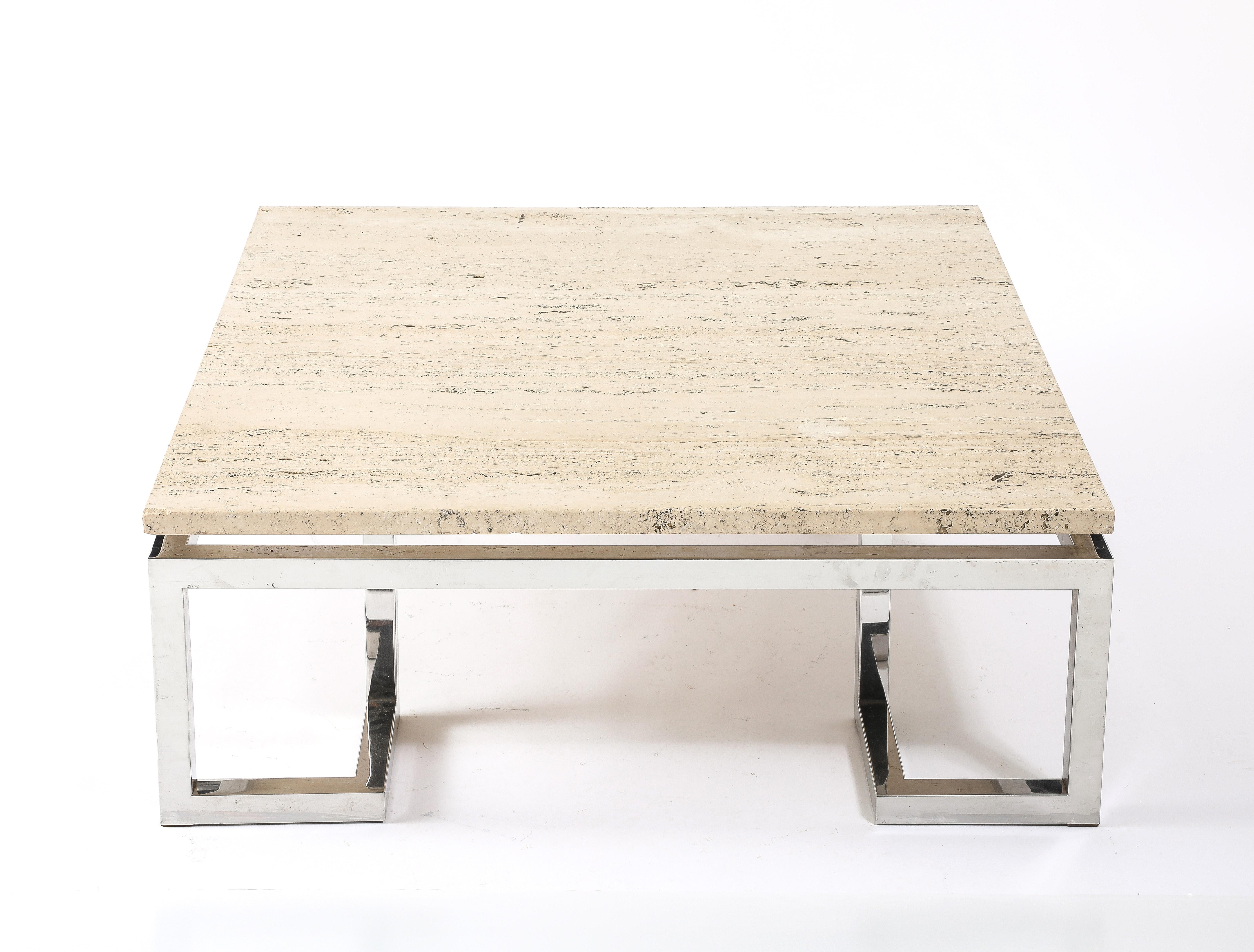 Large Floating Travertine Coffee Table, France 1960's For Sale 5
