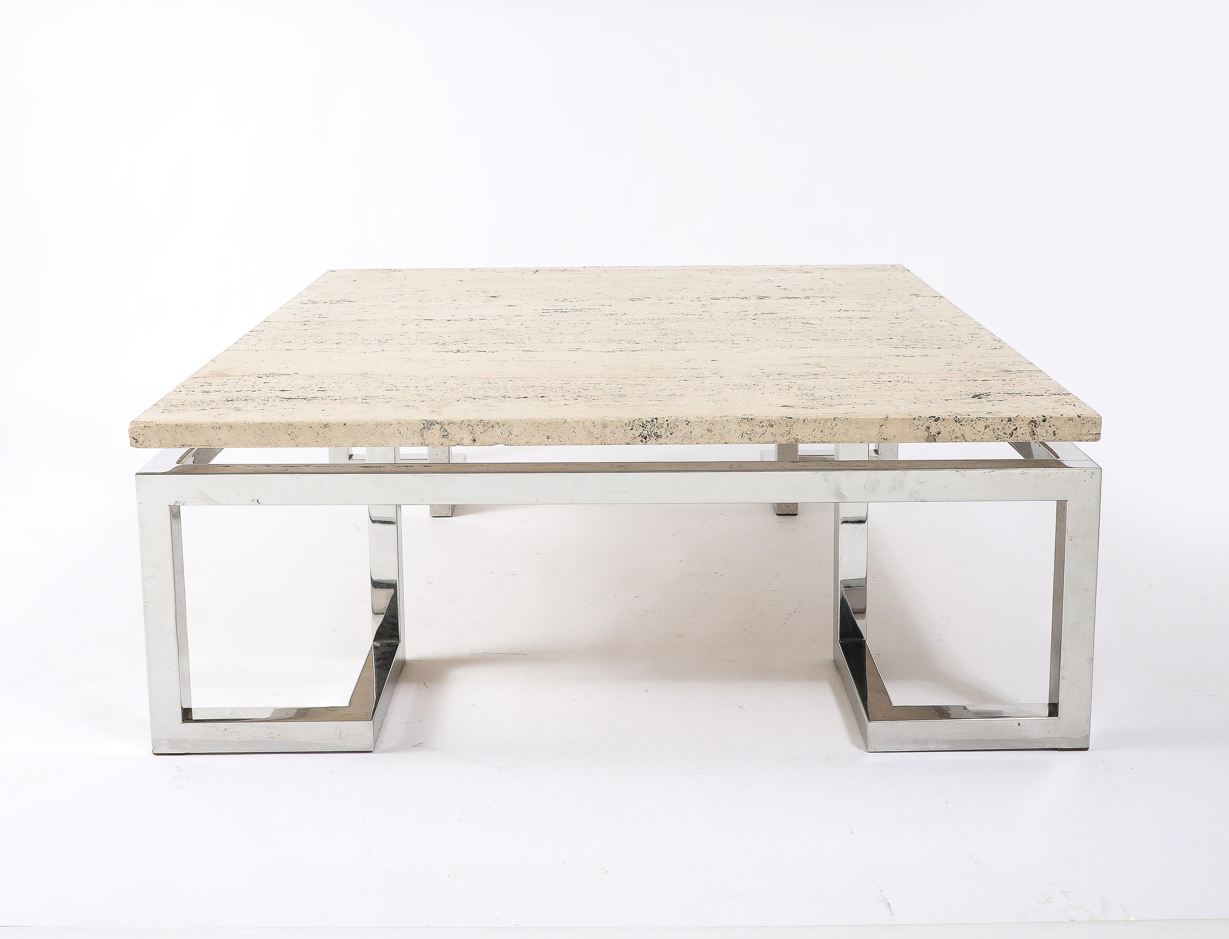 Large Floating Travertine Coffee Table, France 1960's For Sale 8