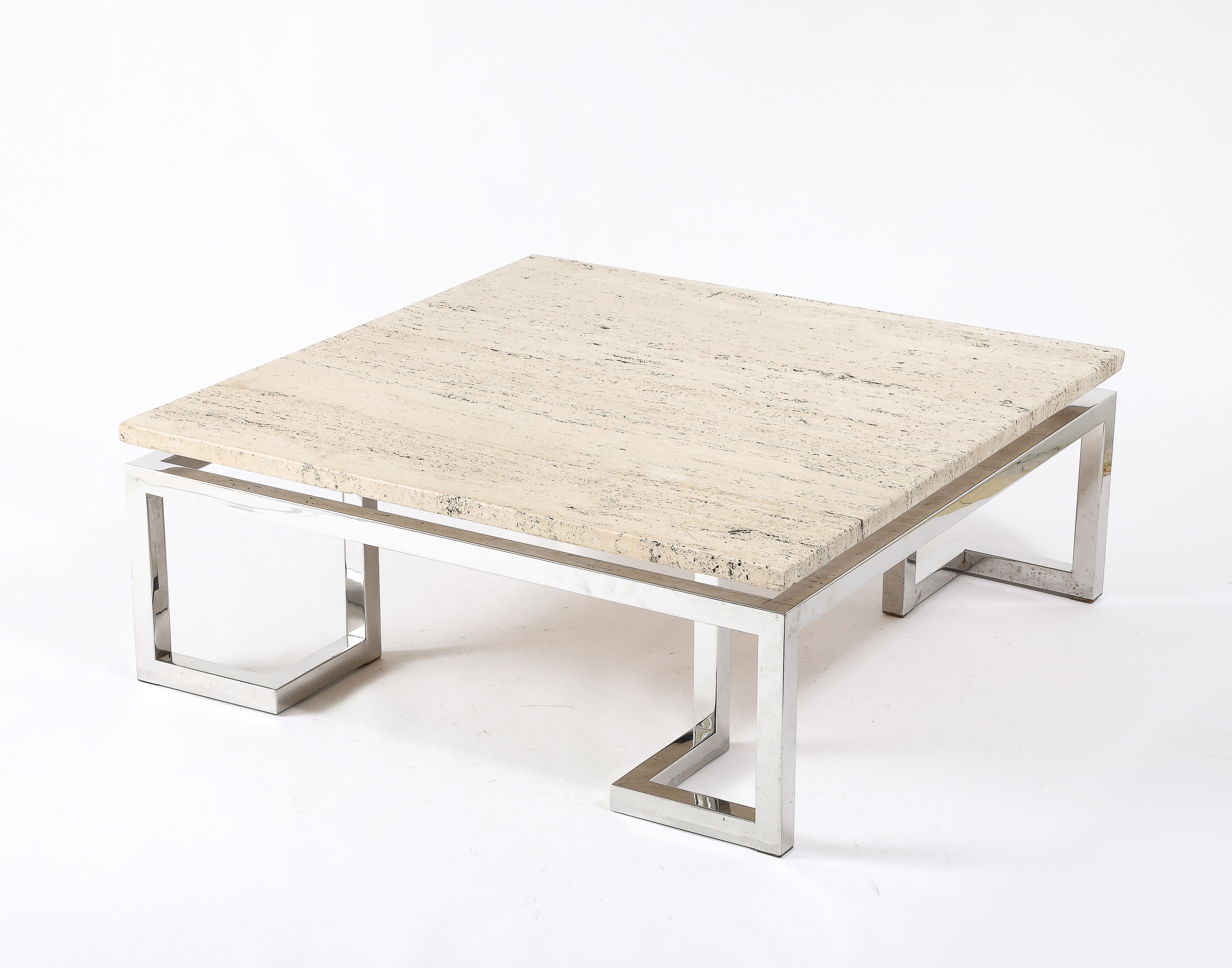 Modern Large Floating Travertine Coffee Table, France 1960's For Sale