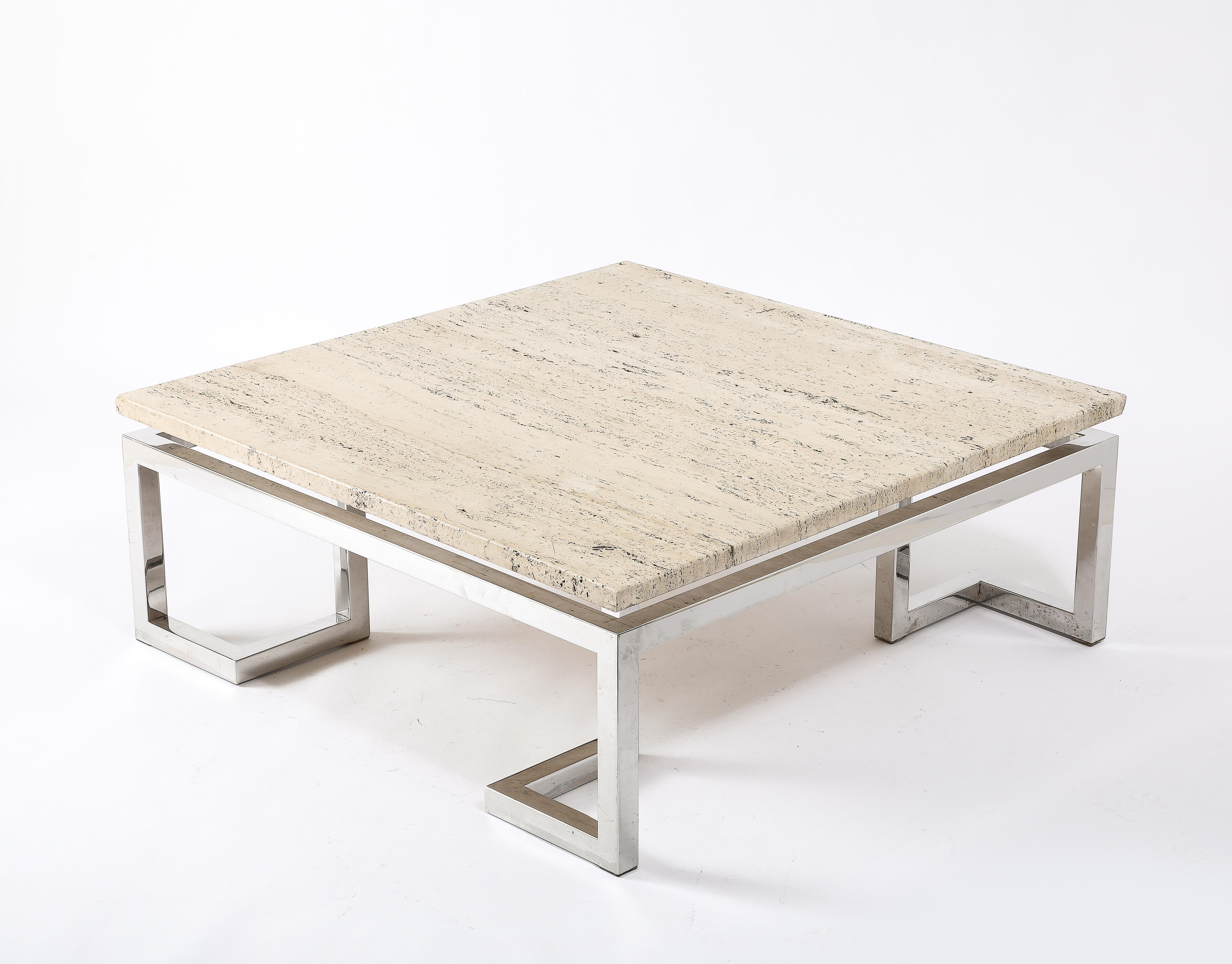 Large Floating Travertine Coffee Table, France 1960's In Good Condition For Sale In New York, NY