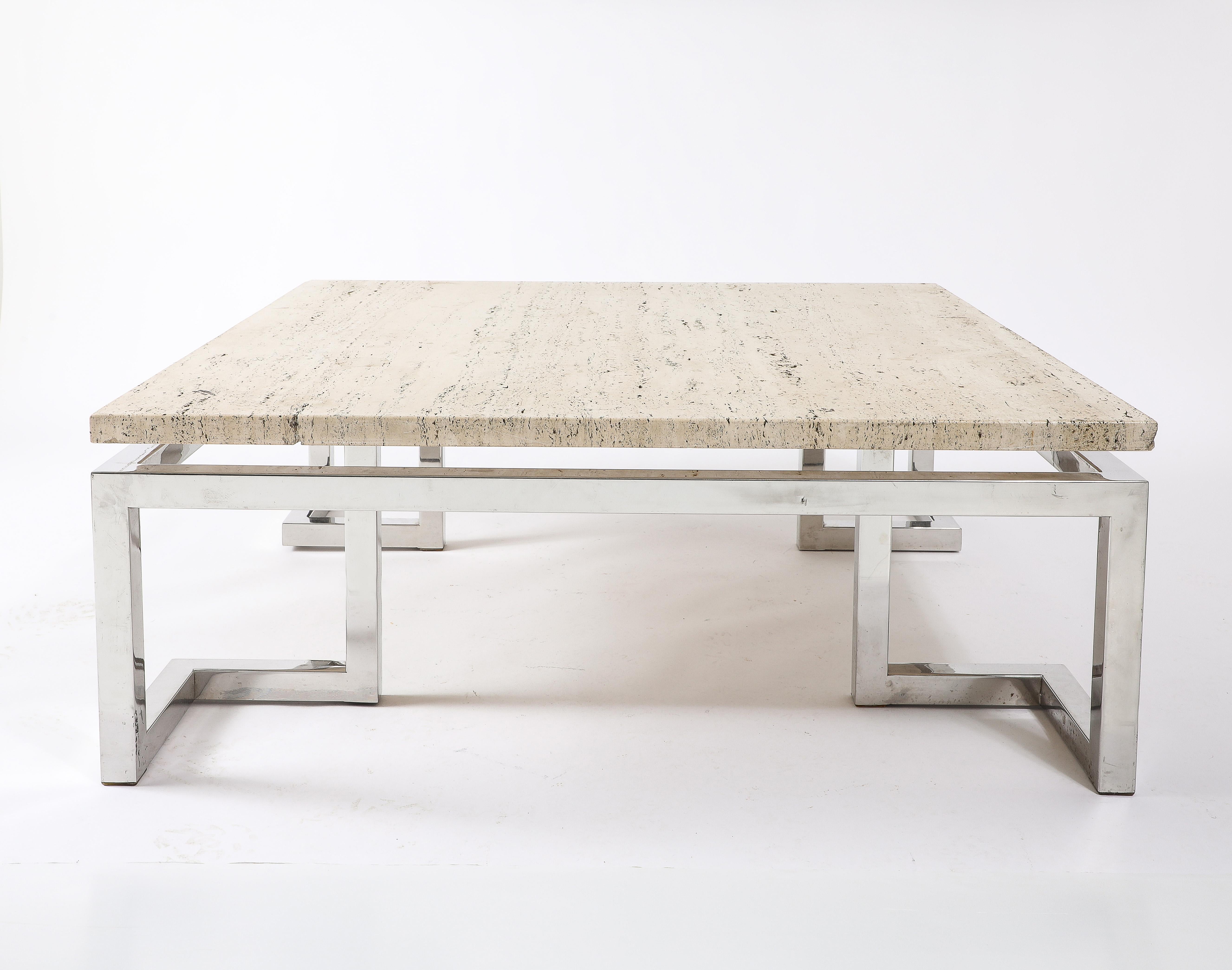 20th Century Large Floating Travertine Coffee Table, France 1960's For Sale