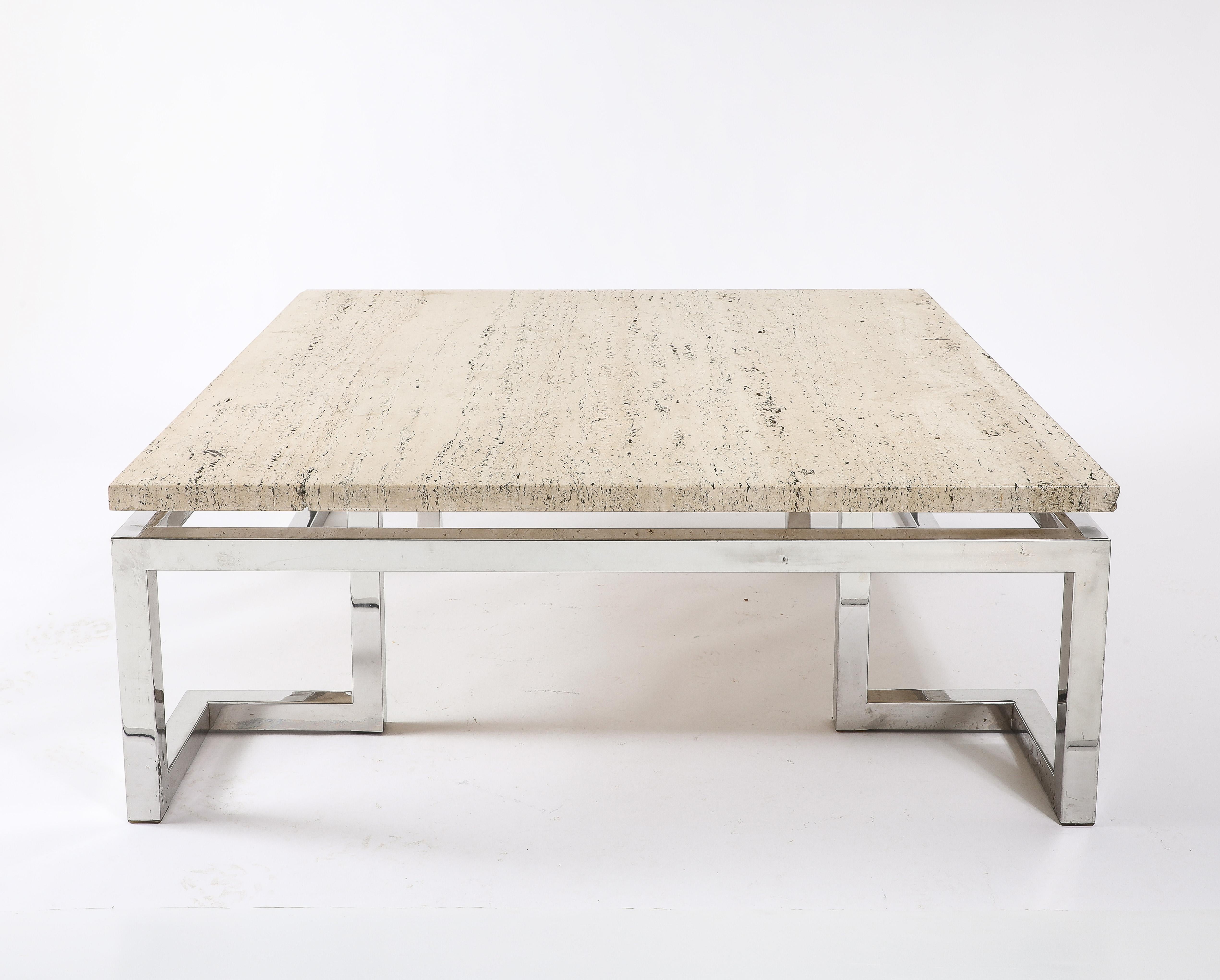 Chrome Large Floating Travertine Coffee Table, France 1960's For Sale