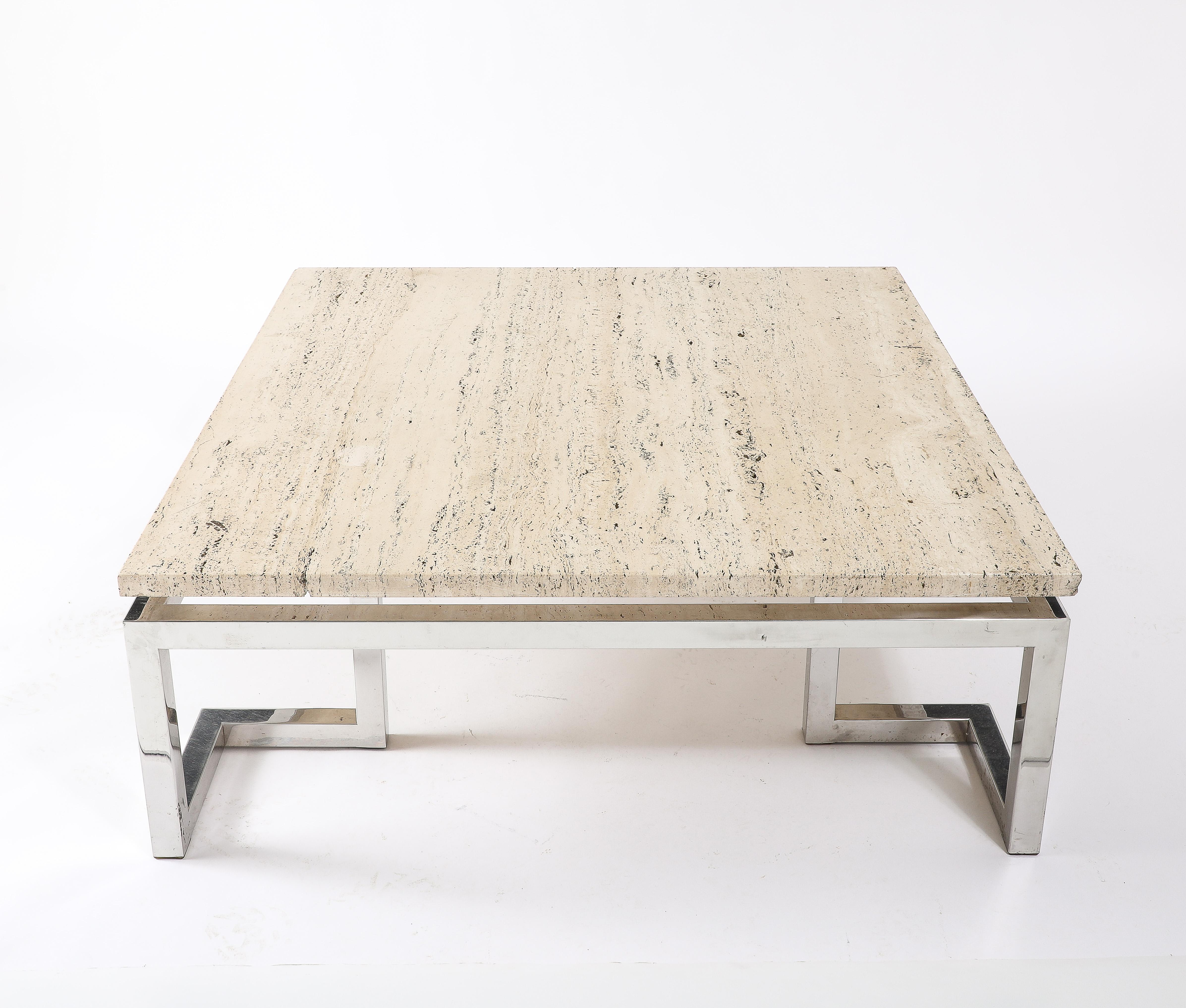 Large Floating Travertine Coffee Table, France 1960's For Sale 2