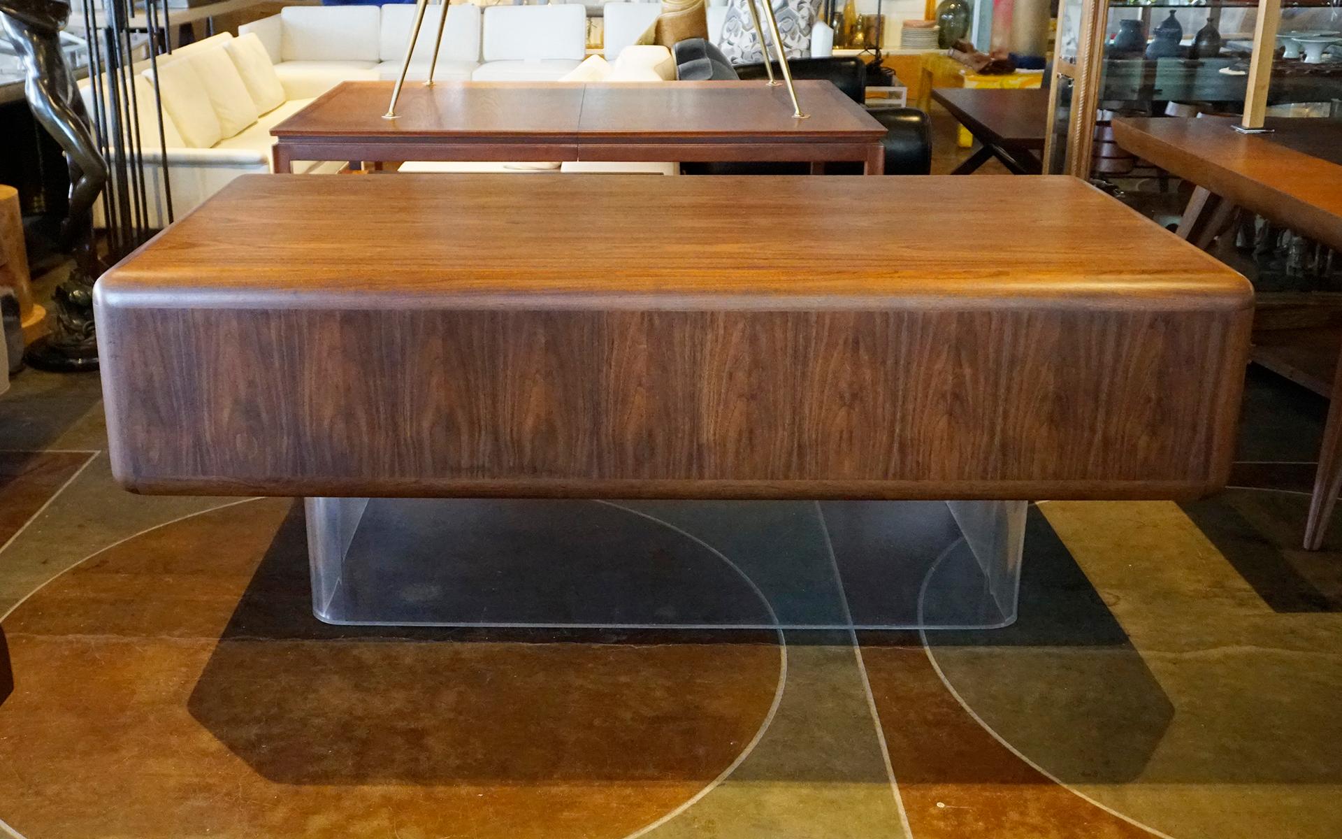 Large Floating Walnut Modern Executive Desk on one inch Lucite Base. For Sale 3
