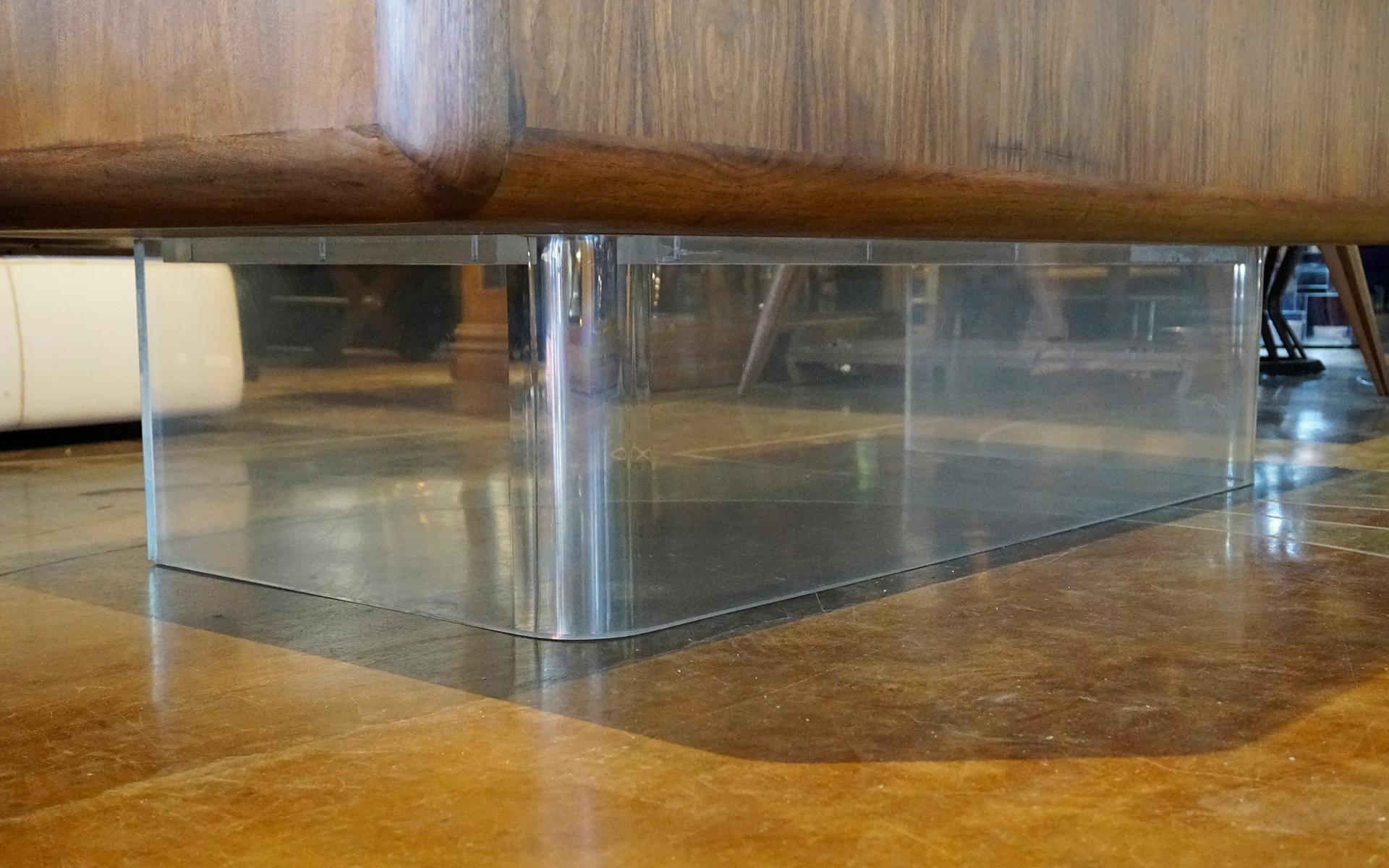 Large Floating Walnut Modern Executive Desk on one inch Lucite Base. For Sale 5