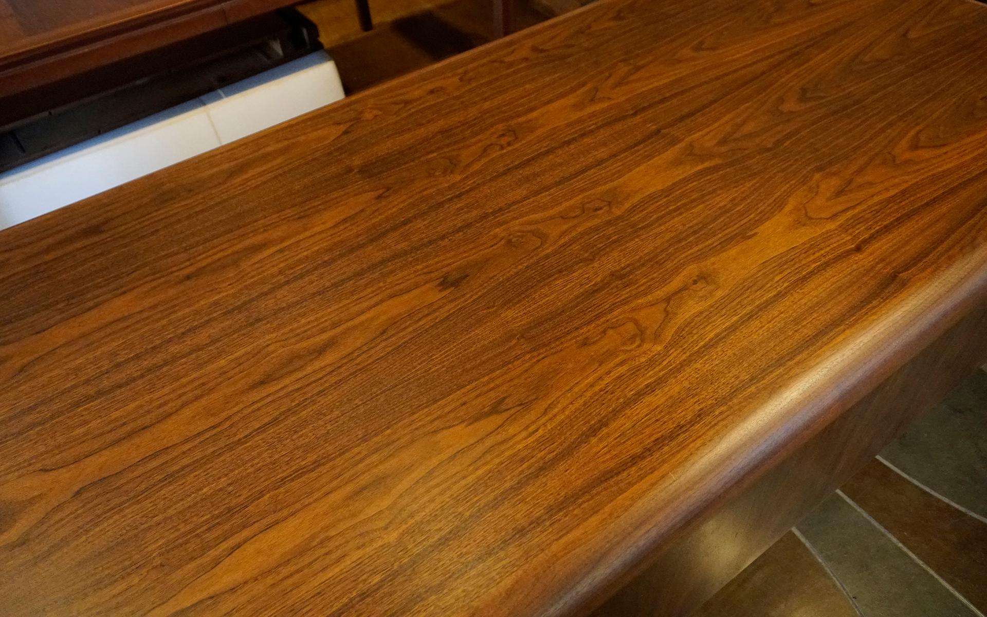Steel Large Floating Walnut Modern Executive Desk on one inch Lucite Base. For Sale