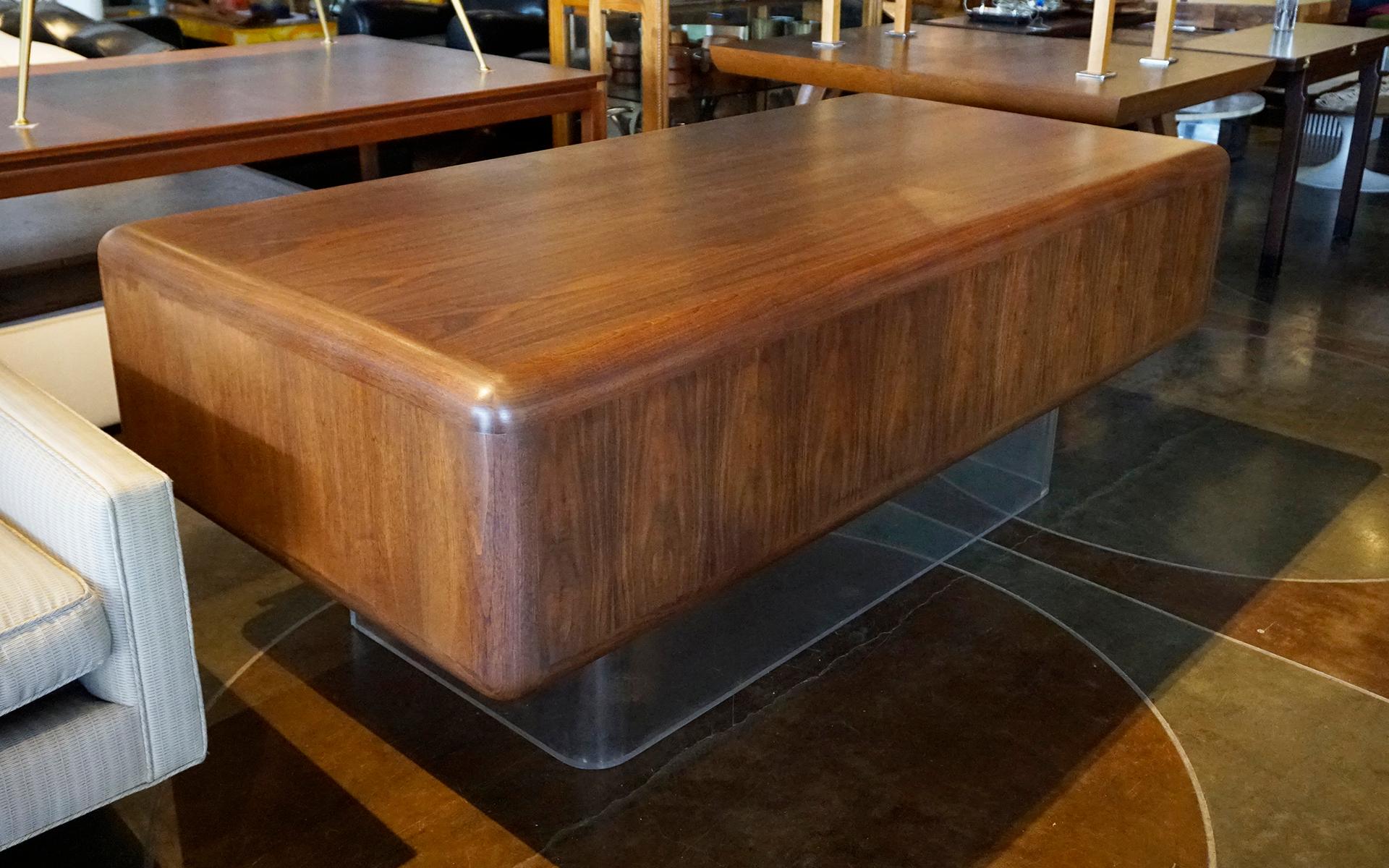 Large Floating Walnut Modern Executive Desk on one inch Lucite Base. For Sale 1