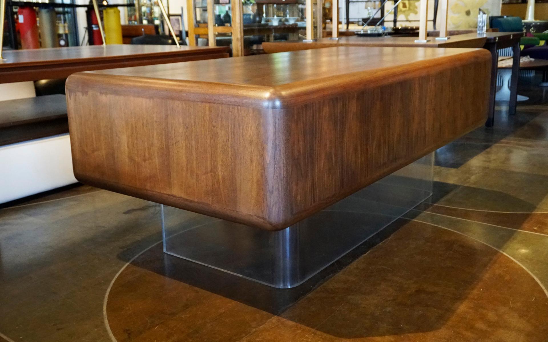 Large Floating Walnut Modern Executive Desk on one inch Lucite Base. For Sale 2