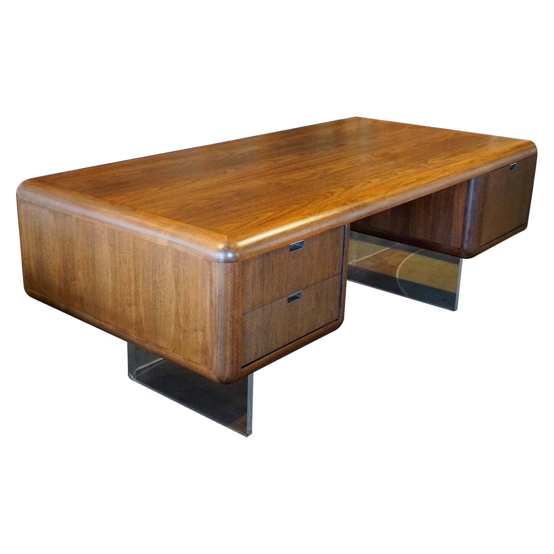 Large Floating Walnut Modern Executive Desk on one inch Lucite Base.