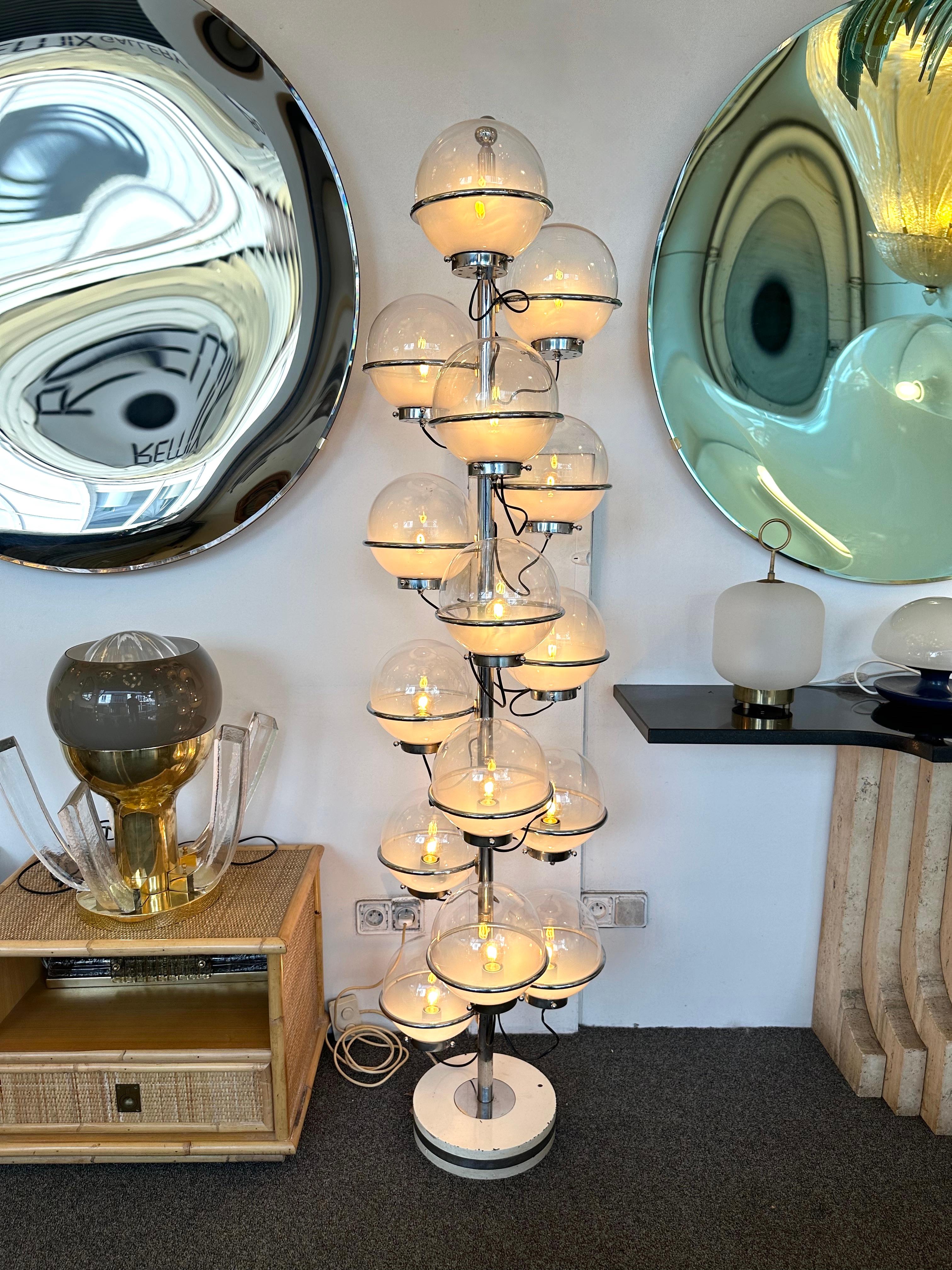 Mid-Century Modern Space Age Rare tall large floor lamp by the italian design manufacture Candle, metal chrome and white smoke glass globes ball. Famous manufacture like Fontana Arte, Sarfatti, Artemide, Arredoluce, Sciolari, Reggiani, Arlus,