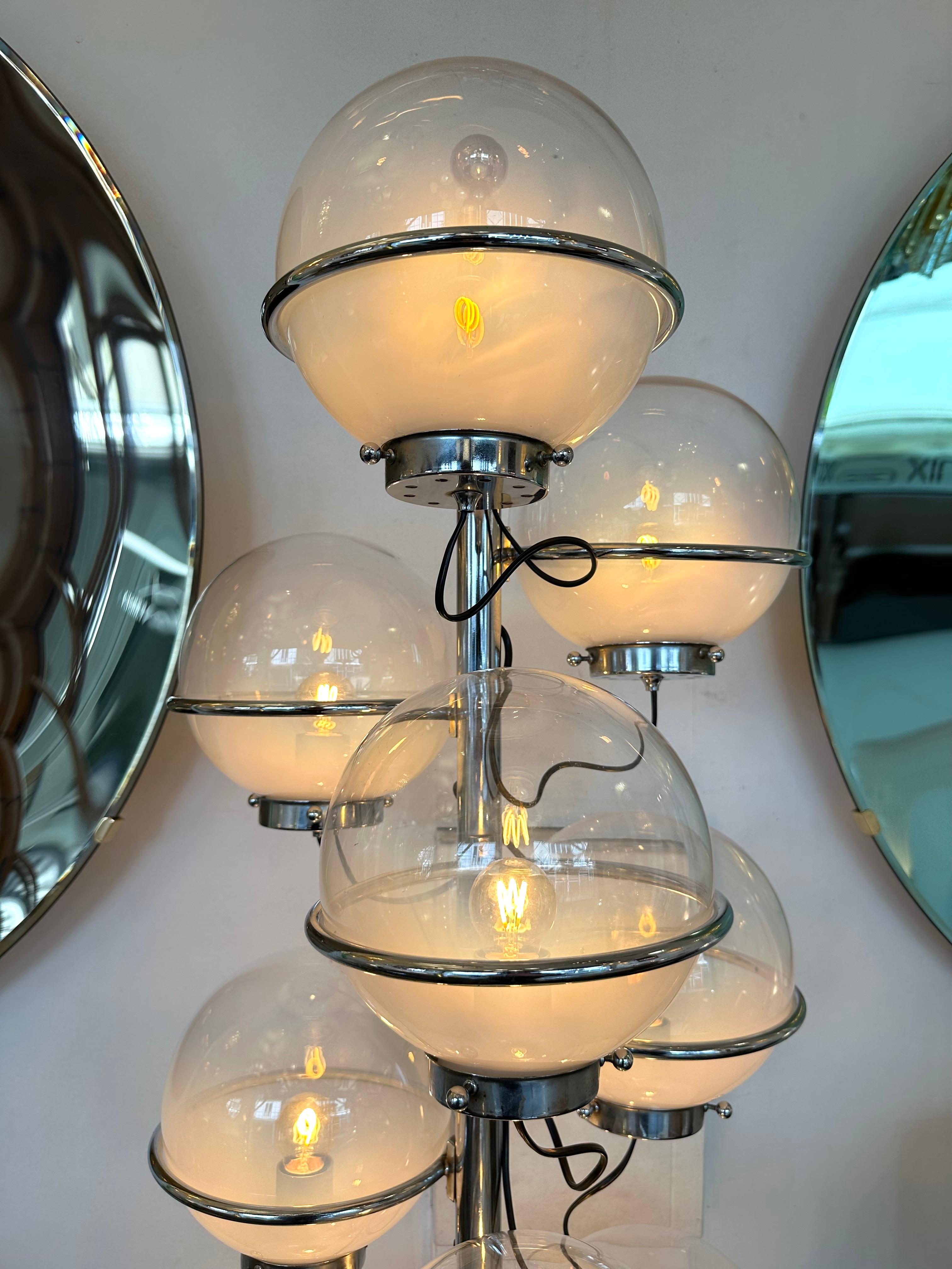 Italian Large Floor Lamp Metal and White Smoke Glass Globe by Candle, Italy, 1970s For Sale