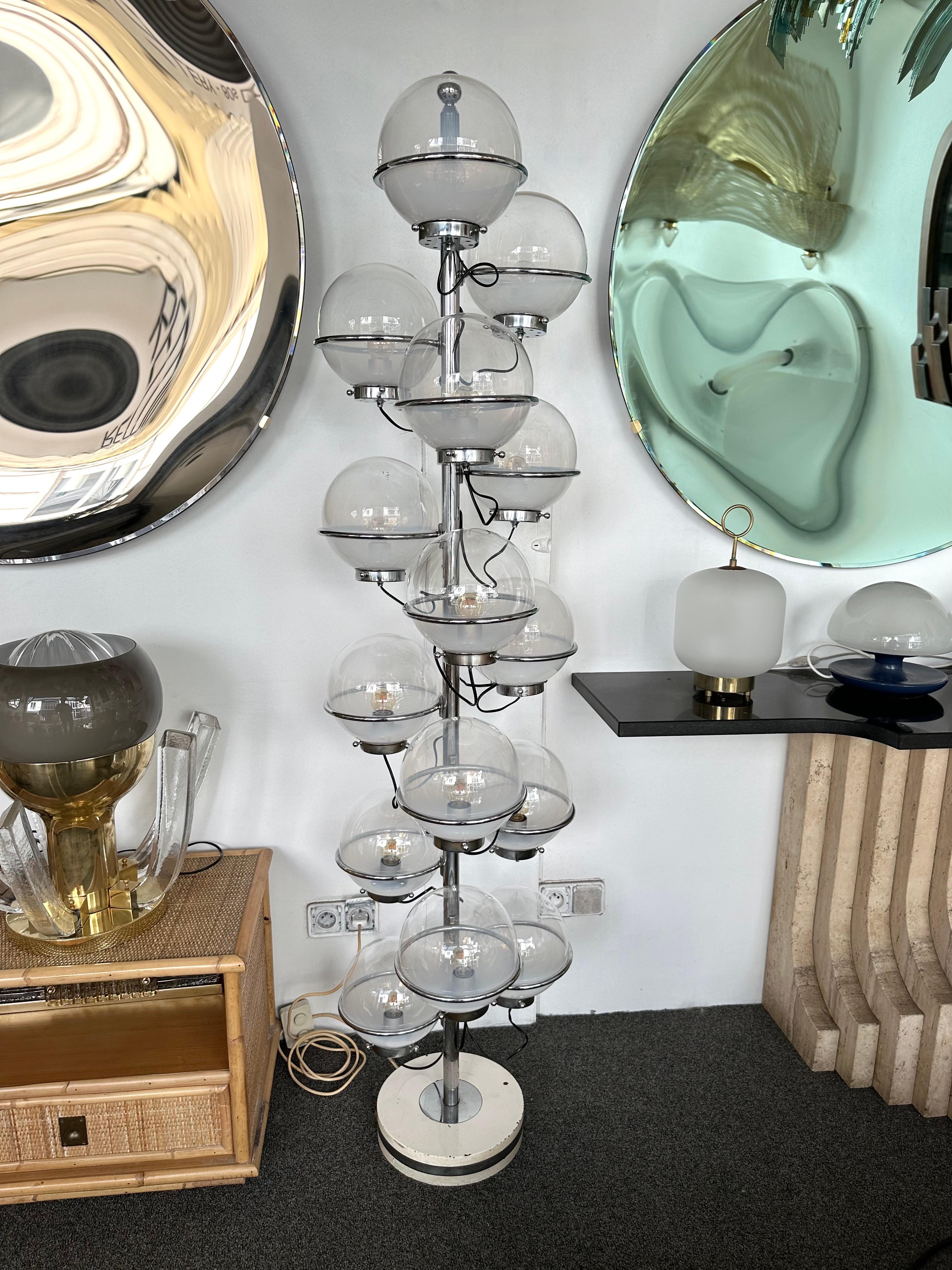 Late 20th Century Large Floor Lamp Metal and White Smoke Glass Globe by Candle, Italy, 1970s For Sale
