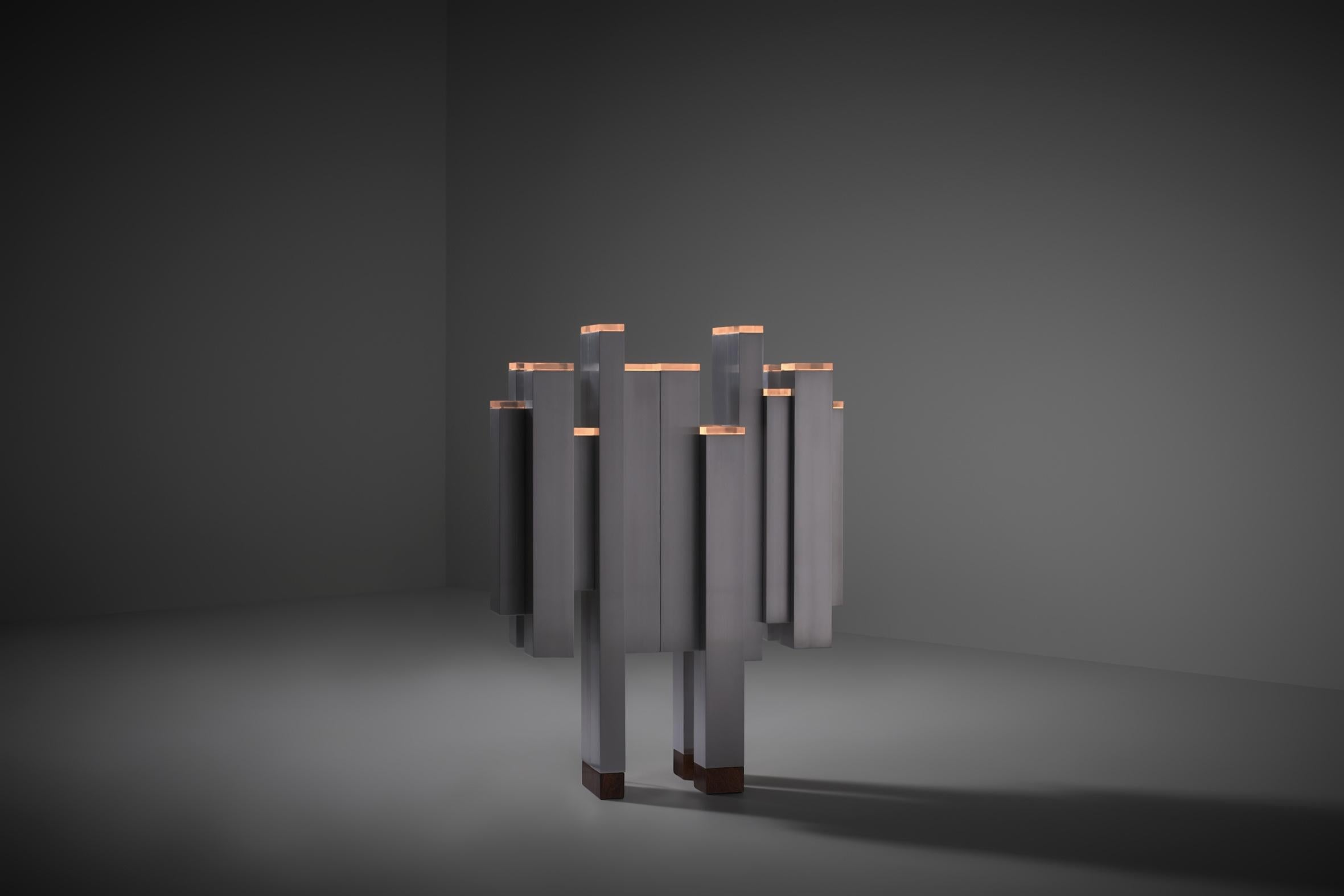 Rare sculptural floor lamp model 'Scultura' by Gaetano Missaglia, Italy in 1960s. Unique design composed out of a variety of twenty square and rectangular tubes with matching plexiglass diffusers and Walnut block bases resulting in a futuristic