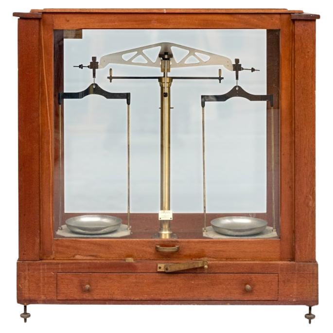 Large Floor Model Antique Brass Scale With Wooden Case With Glass Panels