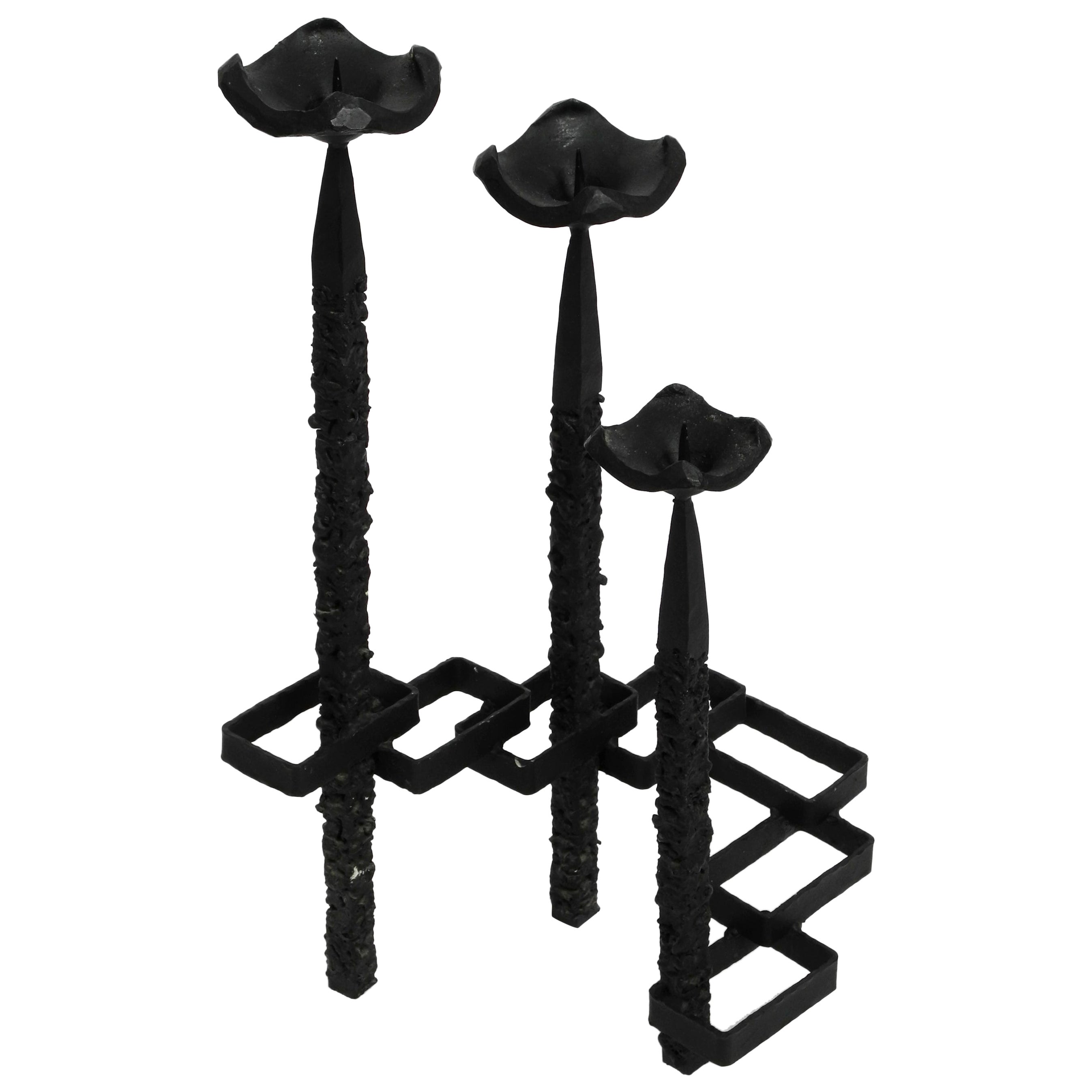 Large Floor or Table Candle Holder Made of Wrought Iron in Brutalist Design