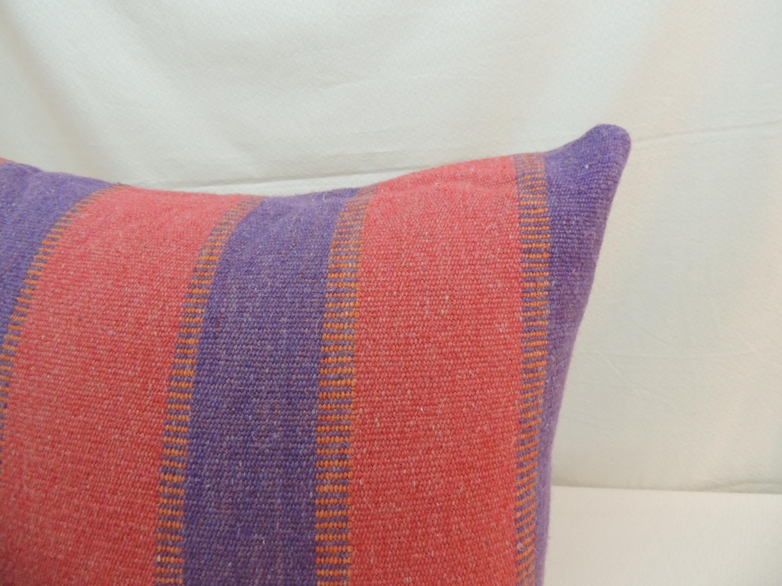 Large Floor pillow in blue and red Woven Stripes.
Doubled-Sided with same textile.
Decorative pillow handcrafted and designed in the USA. 
Closure by stitch (no zipper closure) with custom-made pillow insert.
Size: 21 x 21 x 6
Offered By Antique