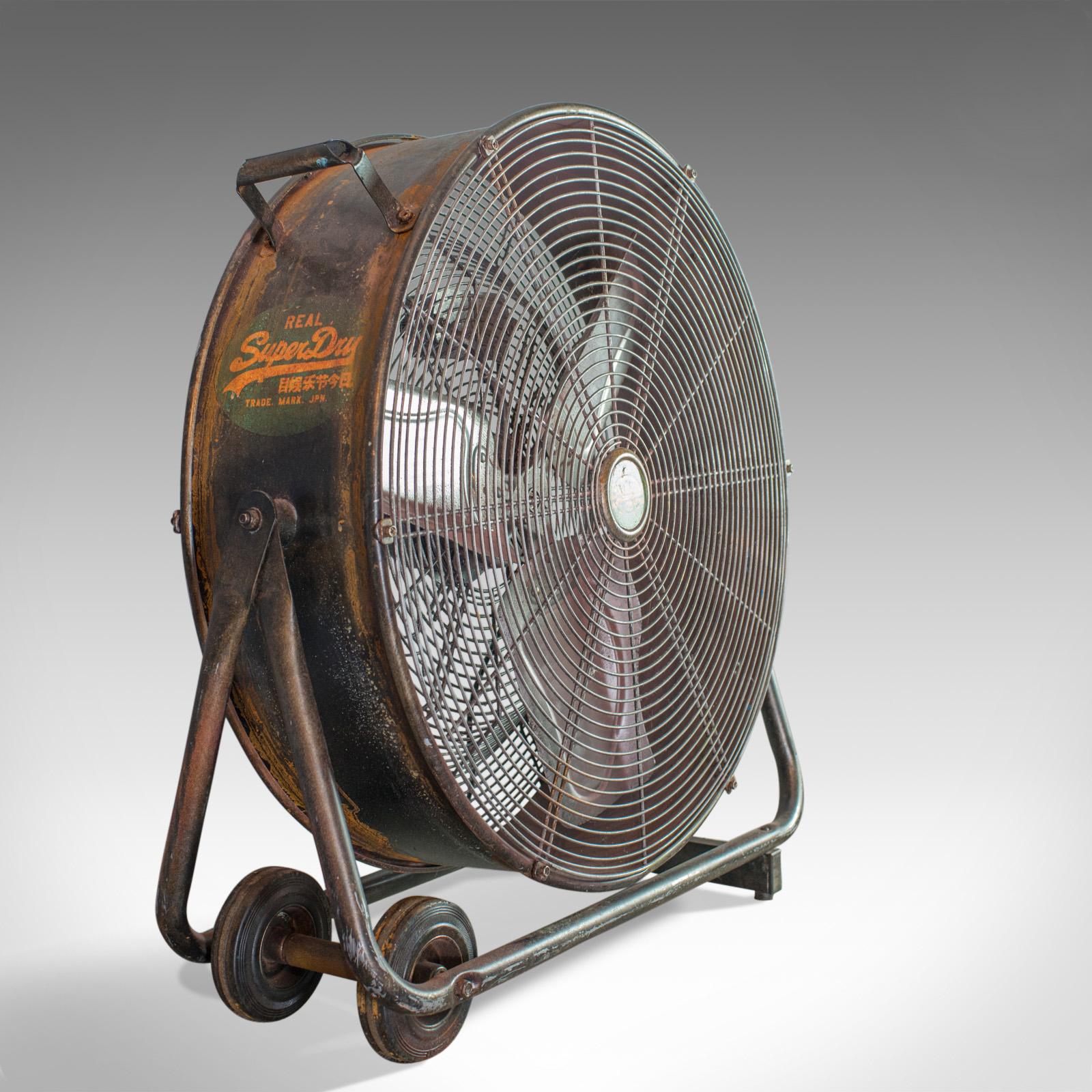 This is a large, floor standing fan. A powerful, Superdry branded, industrial cooling fan.

Uber cool distressed Industrial finish
Branded with the 'Superdry' logo
Speed regulator for stepped performance
Tilts in frame right up to a vertical
