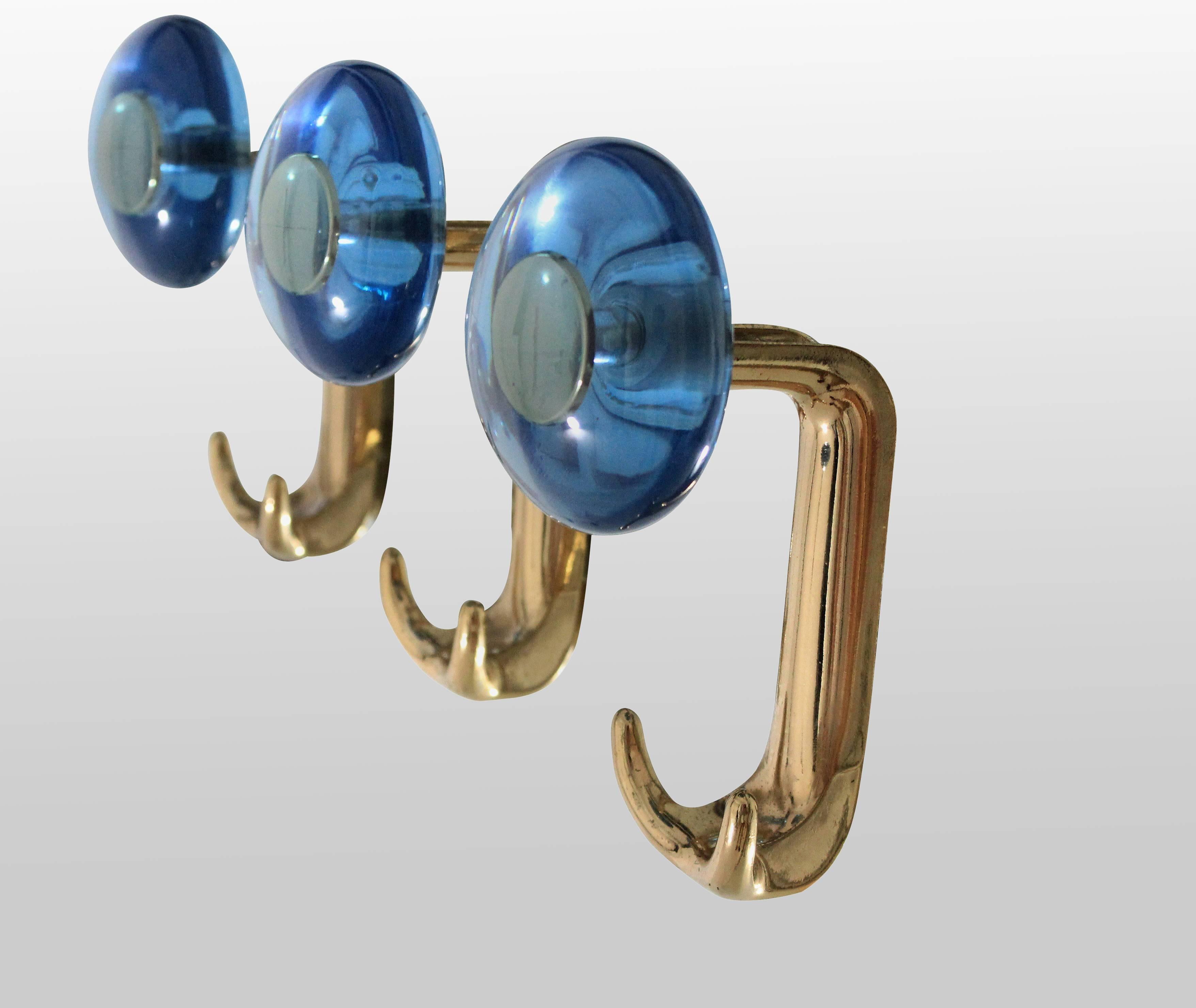 Mid-Century Modern Large Floor Standing Hall Mirror with Coat Hooks in Blue Glass