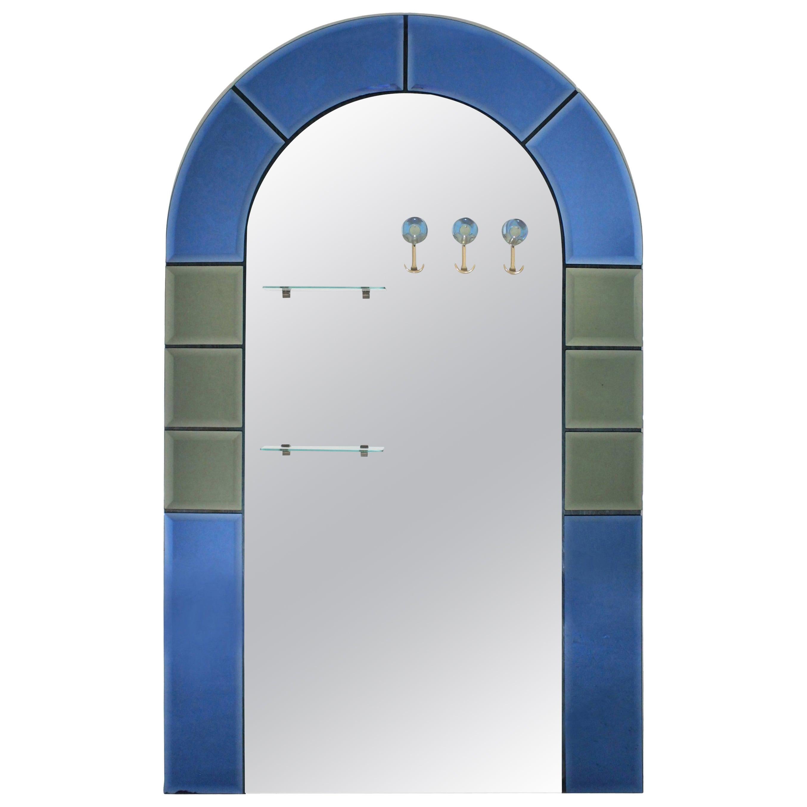 Large Floor Standing Hall Mirror with Coat Hooks in Blue Glass