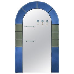 Large Floor Standing Hall Mirror with Coat Hooks in Blue Glass