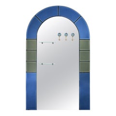 Large Floor Standing Hall Mirror with Coat Hooks in Blue Glass