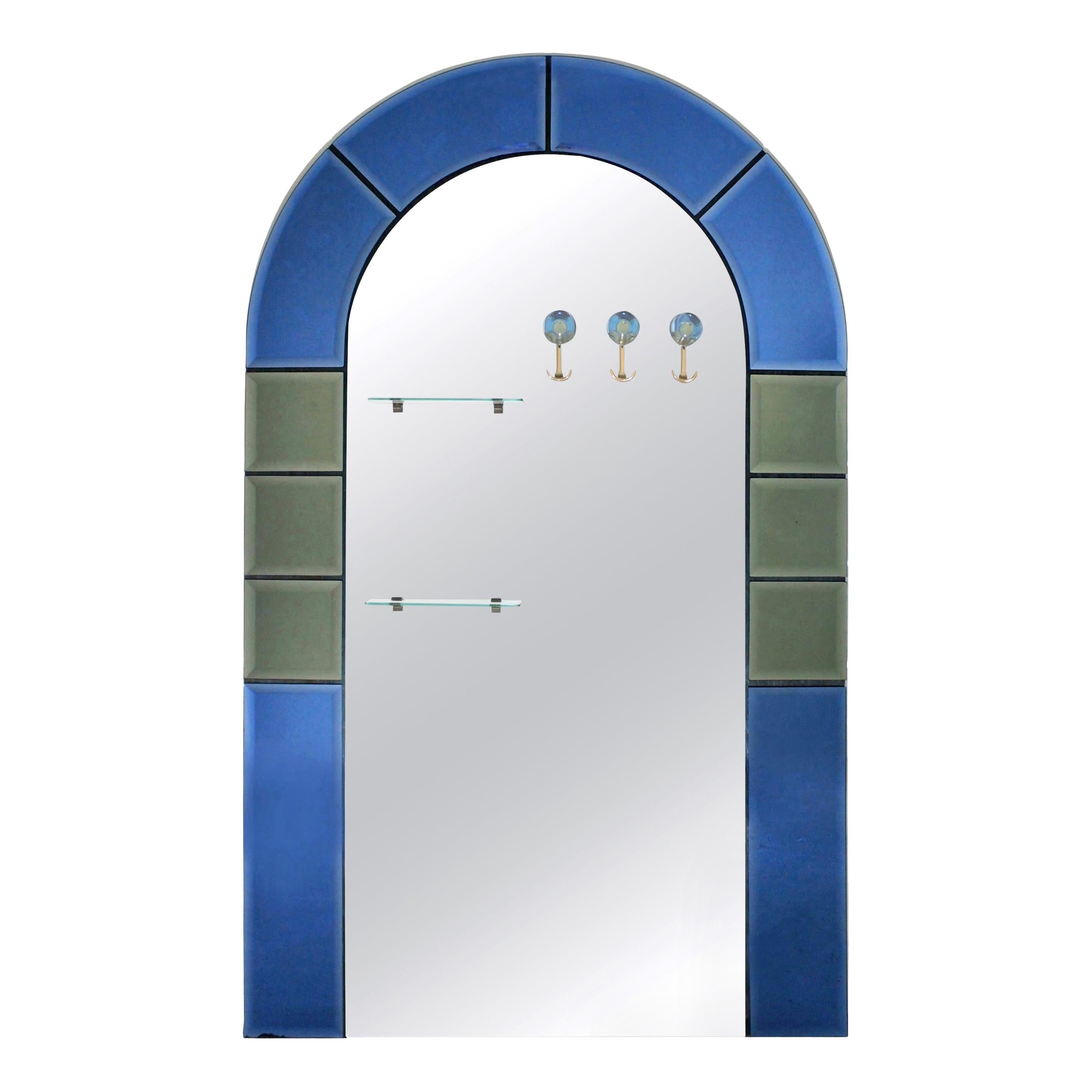 Large Floor Standing Hall Mirror with Coat Hooks in Blue Glass