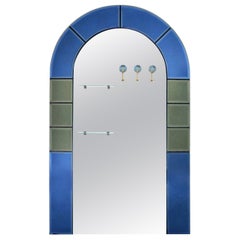Large Floor Standing Hall Mirror with Coat Hooks in Blue Glass