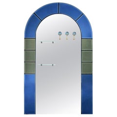 Large Floor Standing Hall Mirror with Coat Hooks in Blue Glass