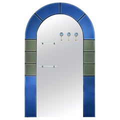 Large Floor Standing Hall Mirror with Coat Hooks in Blue Glass