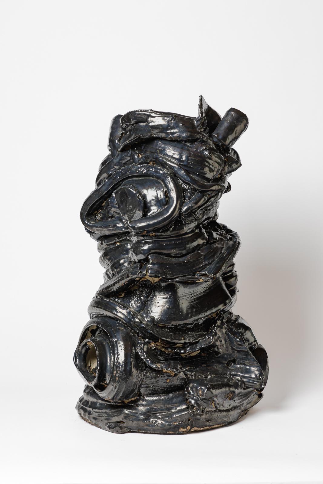 Beaux-Arts Grand vase de sol en céramique émaillée noire de Patrick Crulis, 2024 en vente