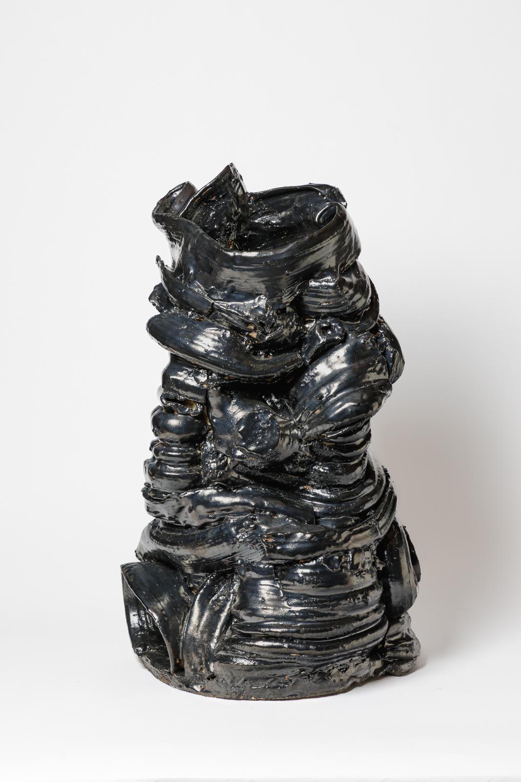 XXIe siècle et contemporain Grand vase de sol en céramique émaillée noire de Patrick Crulis, 2024 en vente