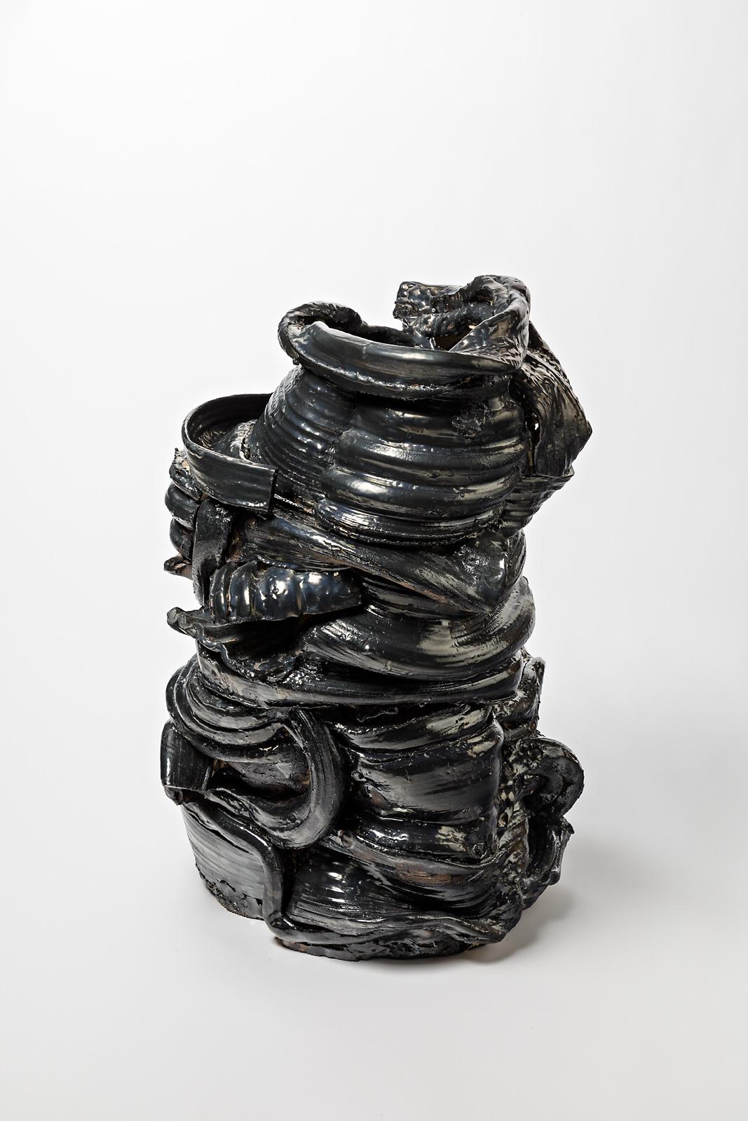 French Large floor vase in glossy and matt black glazed ceramic by Patrick Crulis, 2022
