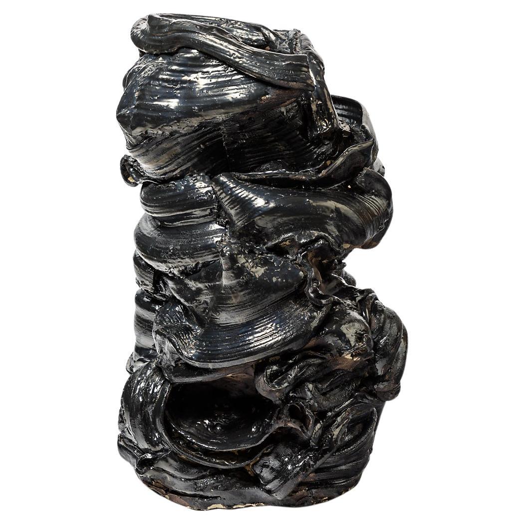 Large floor vase in glossy and matt black glazed ceramic by Patrick Crulis, 2022