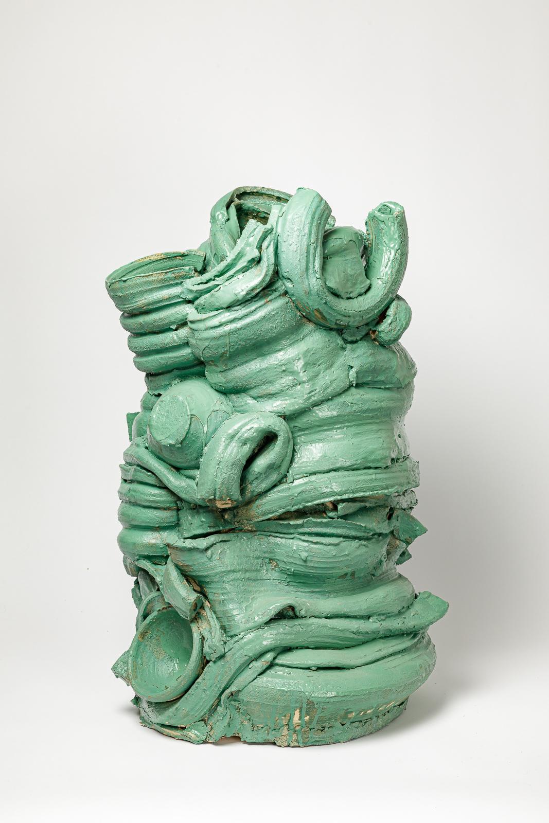 Large floor vase in green glazed ceramic by Patrick Crulis. 2023. 
Unique piece.
H : 72 x 39 x 39 cm / 27'9 x 15'3 x 15'3 inches.
Approximate sizes.